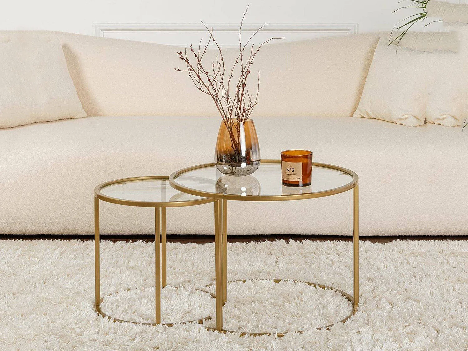 Mesa de centro Xaden, conjunto de 2 mesas, peso máx. suportado 10 kg, 60x60x43h cm dourado, forma redonda, tampo em vidro