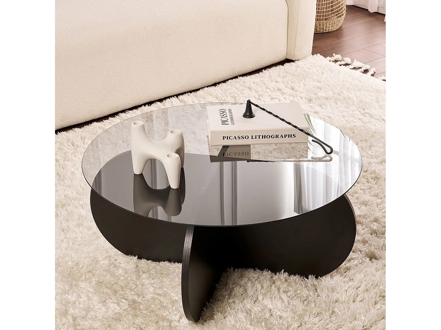 Tavolino da Salotto Cugnoli, Forma Rotondo, 75x75x35h cm Nero, Materiale Piano in Vetro, Colore Ripiano Trasparente