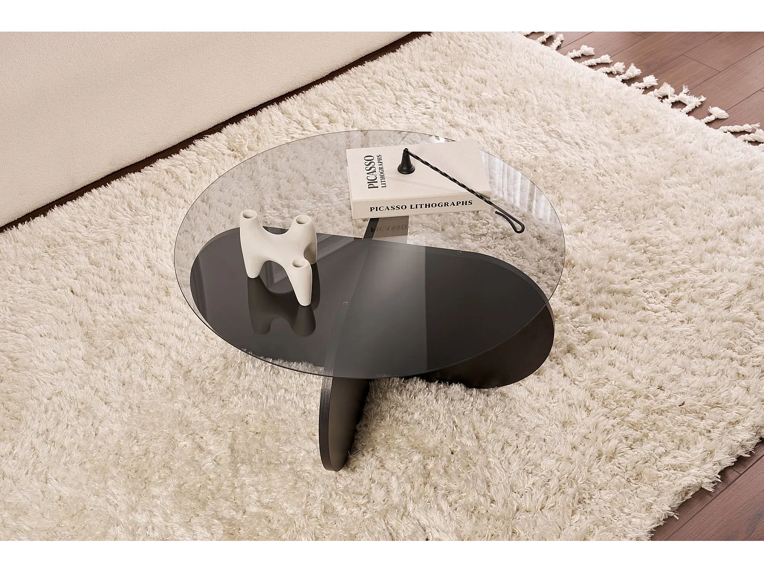 Tavolino da Salotto Cugnoli, Forma Rotondo, 75x75x35h cm Nero, Materiale Piano in Vetro, Colore Ripiano Trasparente