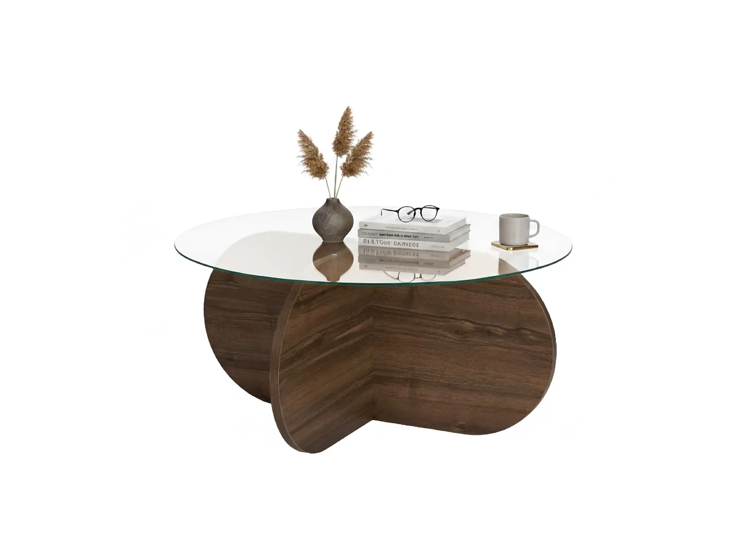 Table basse Cugnoli, ronde, 75x75x35h cm, noyer brun, plateau en verre, couleur transparente