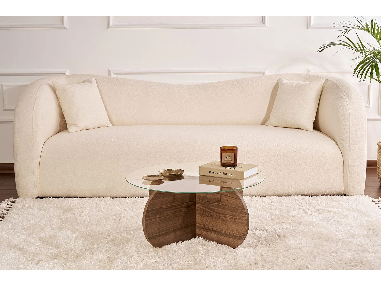 Table basse Cugnoli, ronde, 75x75x35h cm, noyer brun, plateau en verre, couleur transparente