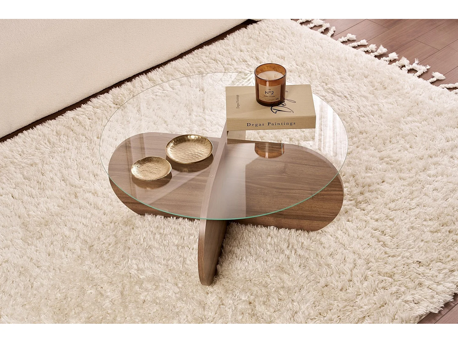 Table basse Cugnoli, ronde, 75x75x35h cm, noyer brun, plateau en verre, couleur transparente