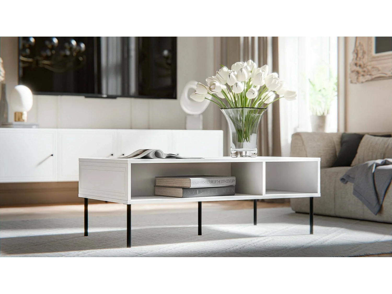 Salontafel Enemonzo, 3 vakken, 110x60x40h cm wit, rechthoekig, tafelblad van gemelamineerd hout