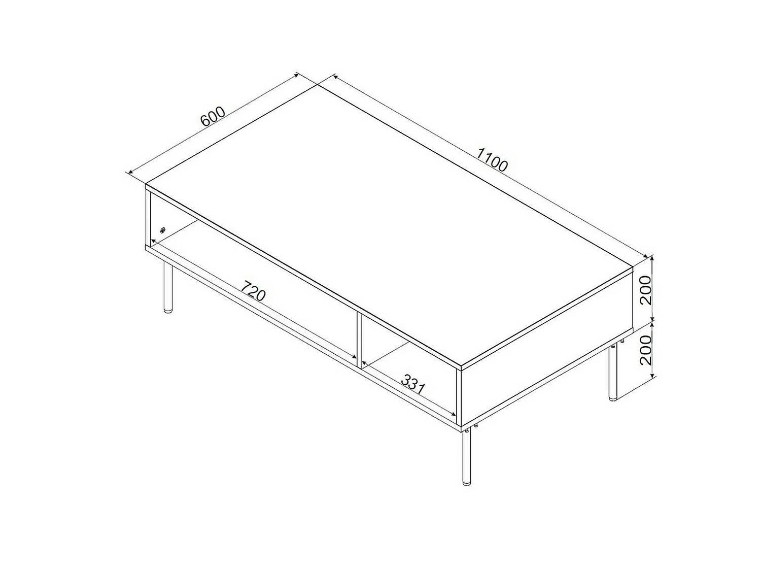Salontafel Enemonzo, 3 vakken, 110x60x40h cm wit, rechthoekig, tafelblad van gemelamineerd hout