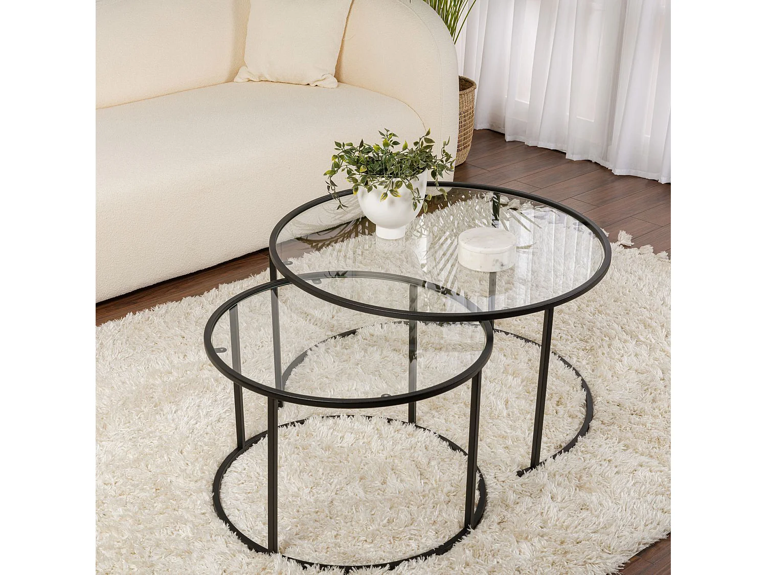 Table basse Telti modulable, 80x80x43h cm, noir, ronde, plateau en verre