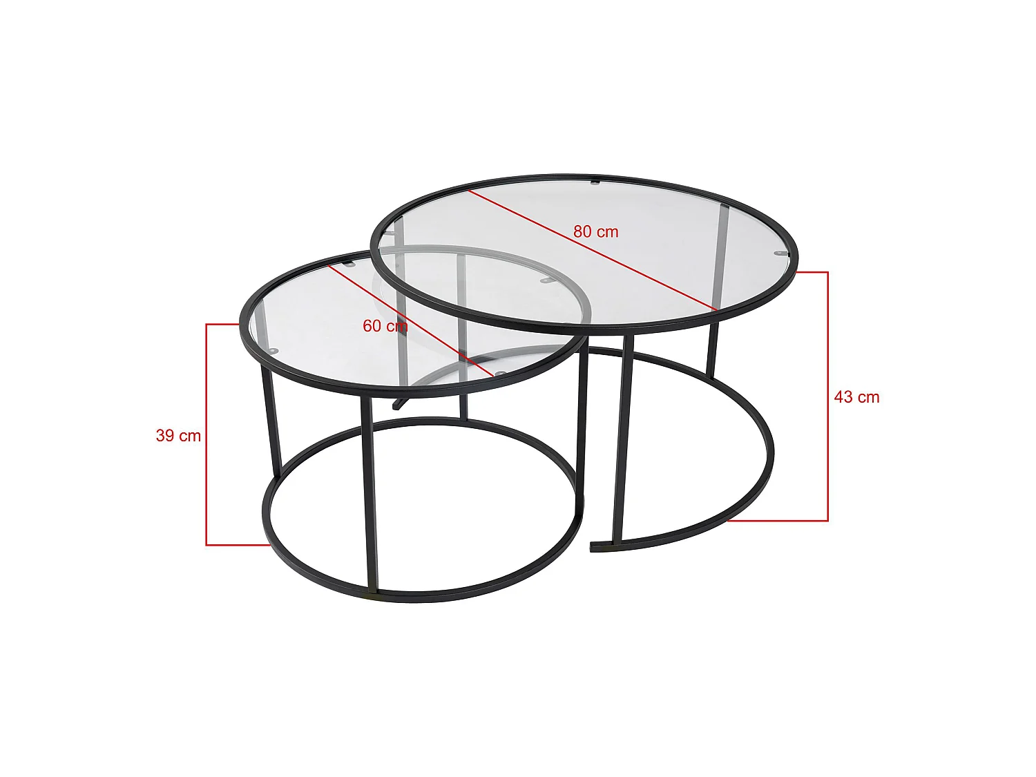 Table basse Telti modulable, 80x80x43h cm, noir, ronde, plateau en verre