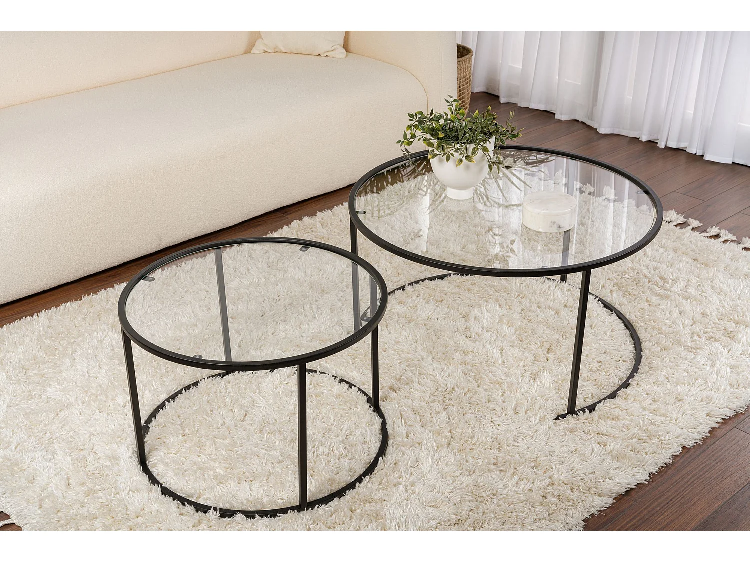Table basse Telti modulable, 80x80x43h cm, noir, ronde, plateau en verre