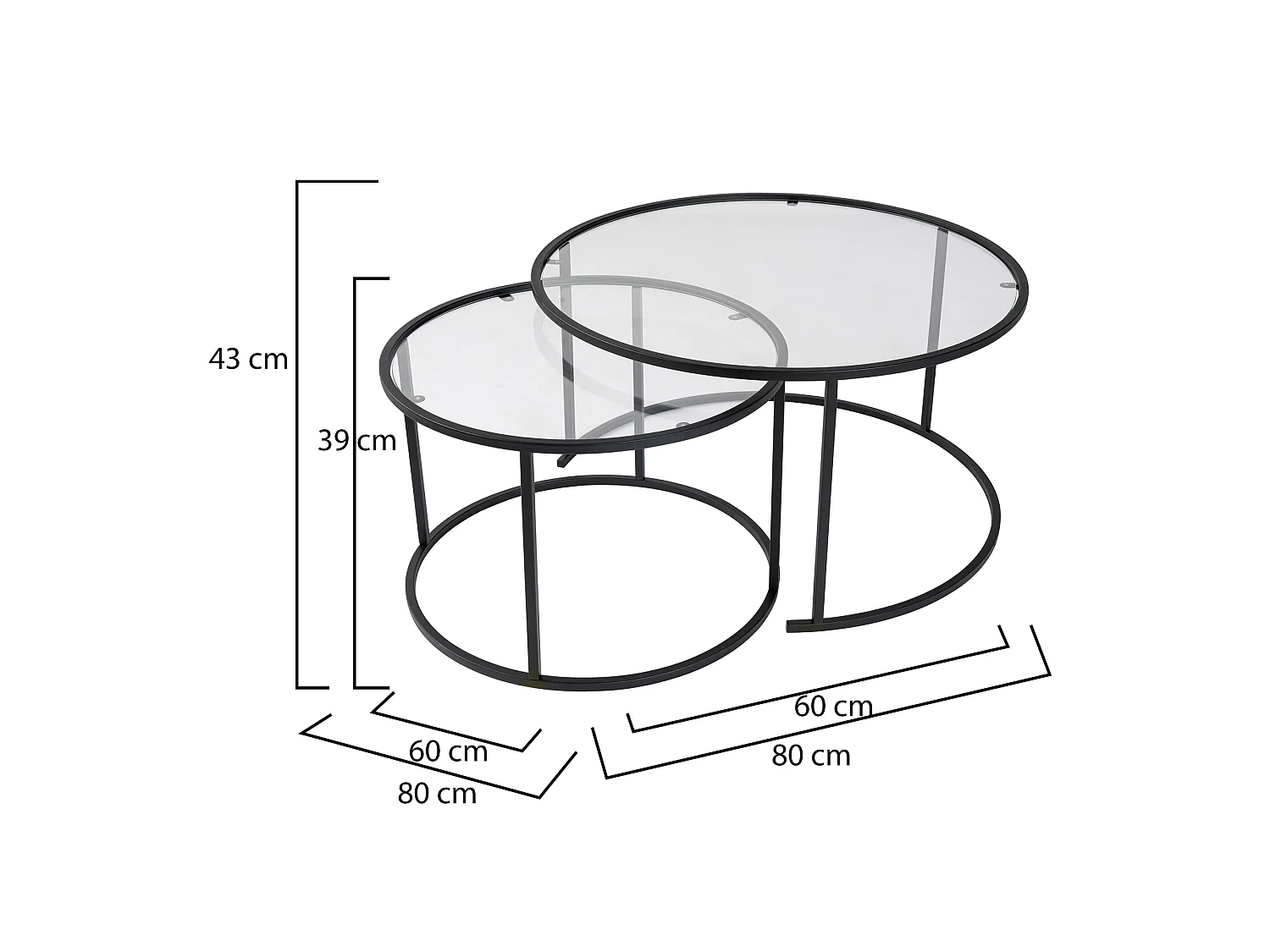 Tavolino da Salotto Telti, Modulabile, 80x80x43h cm Nero, Forma Rotondo, Materiale Piano in Vetro