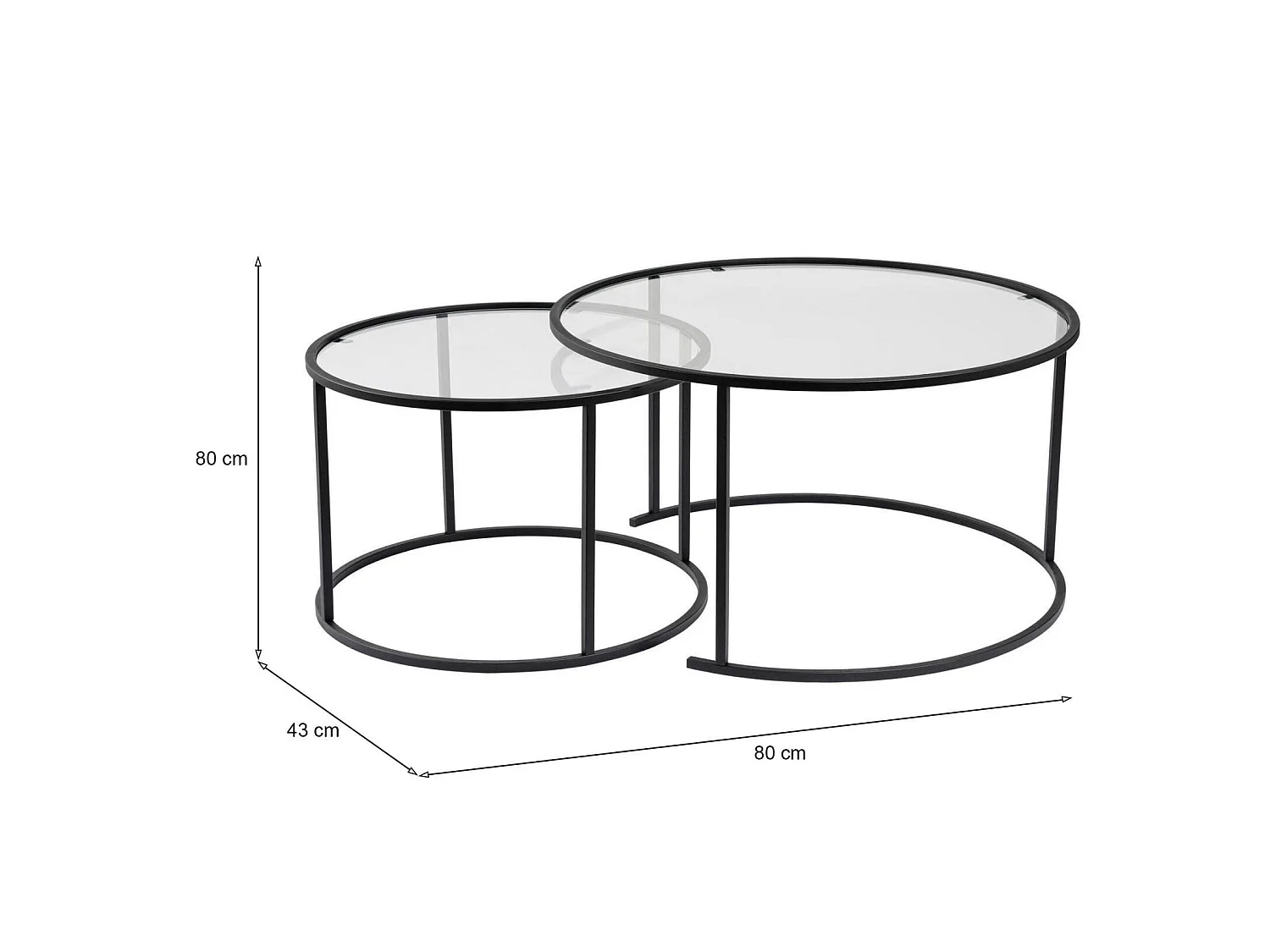 Mesa de Centro Aedion, conjunto de 2 mesas, peso máx. 10 kg, 80x80x43h cm preto, redonda, tampo em vidro