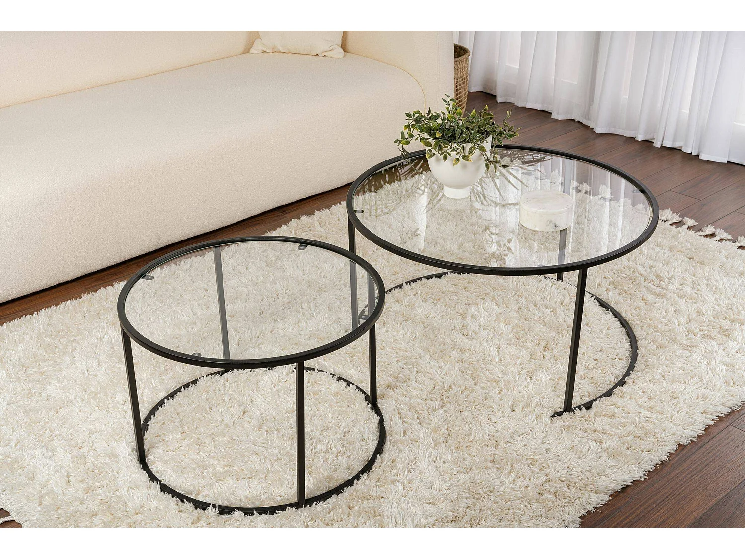Mesa de Centro Aedion, conjunto de 2 mesas, peso máx. 10 kg, 80x80x43h cm preto, redonda, tampo em vidro