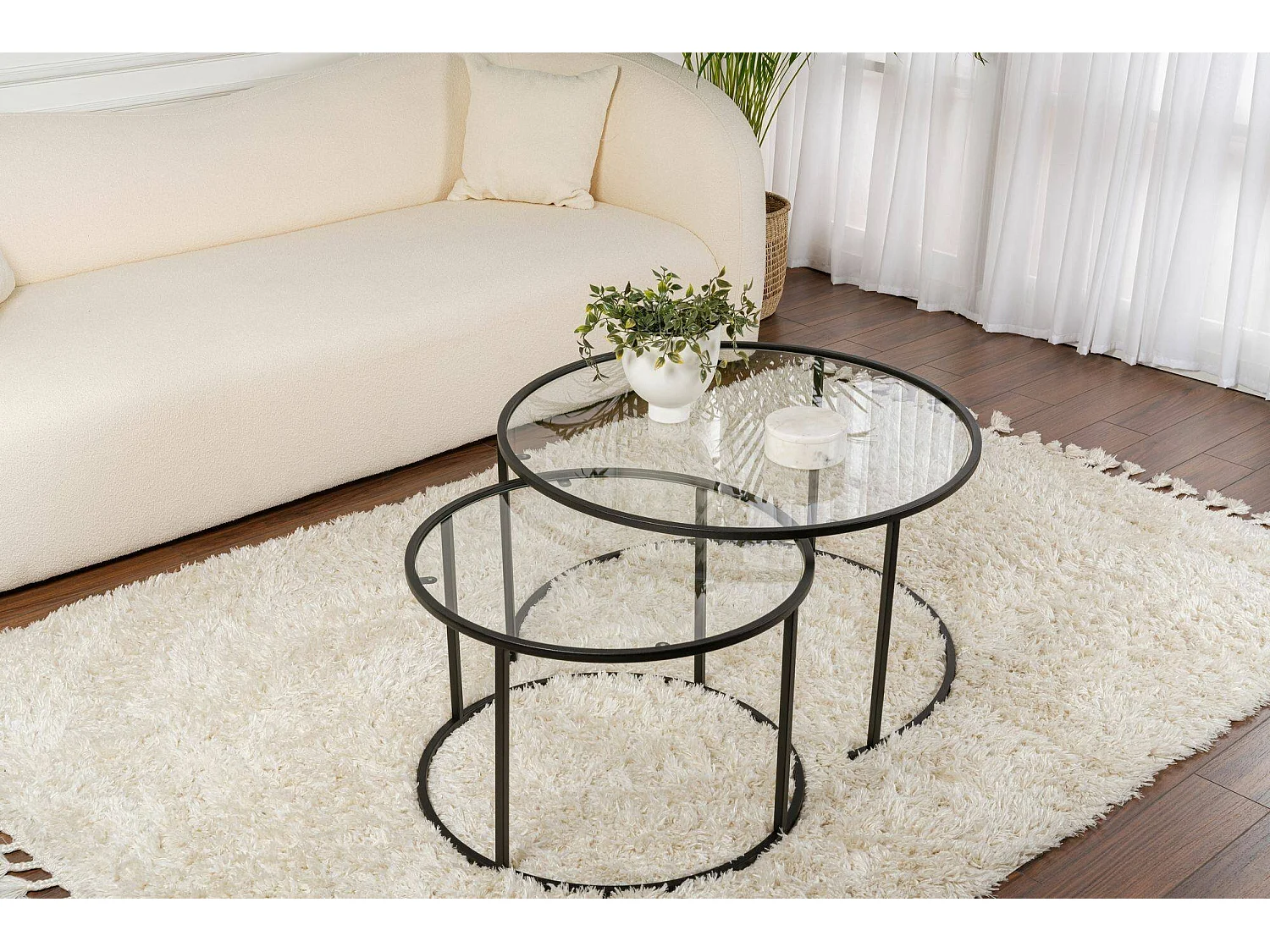 Mesa de Centro Aedion, conjunto de 2 mesas, peso máx. 10 kg, 80x80x43h cm preto, redonda, tampo em vidro