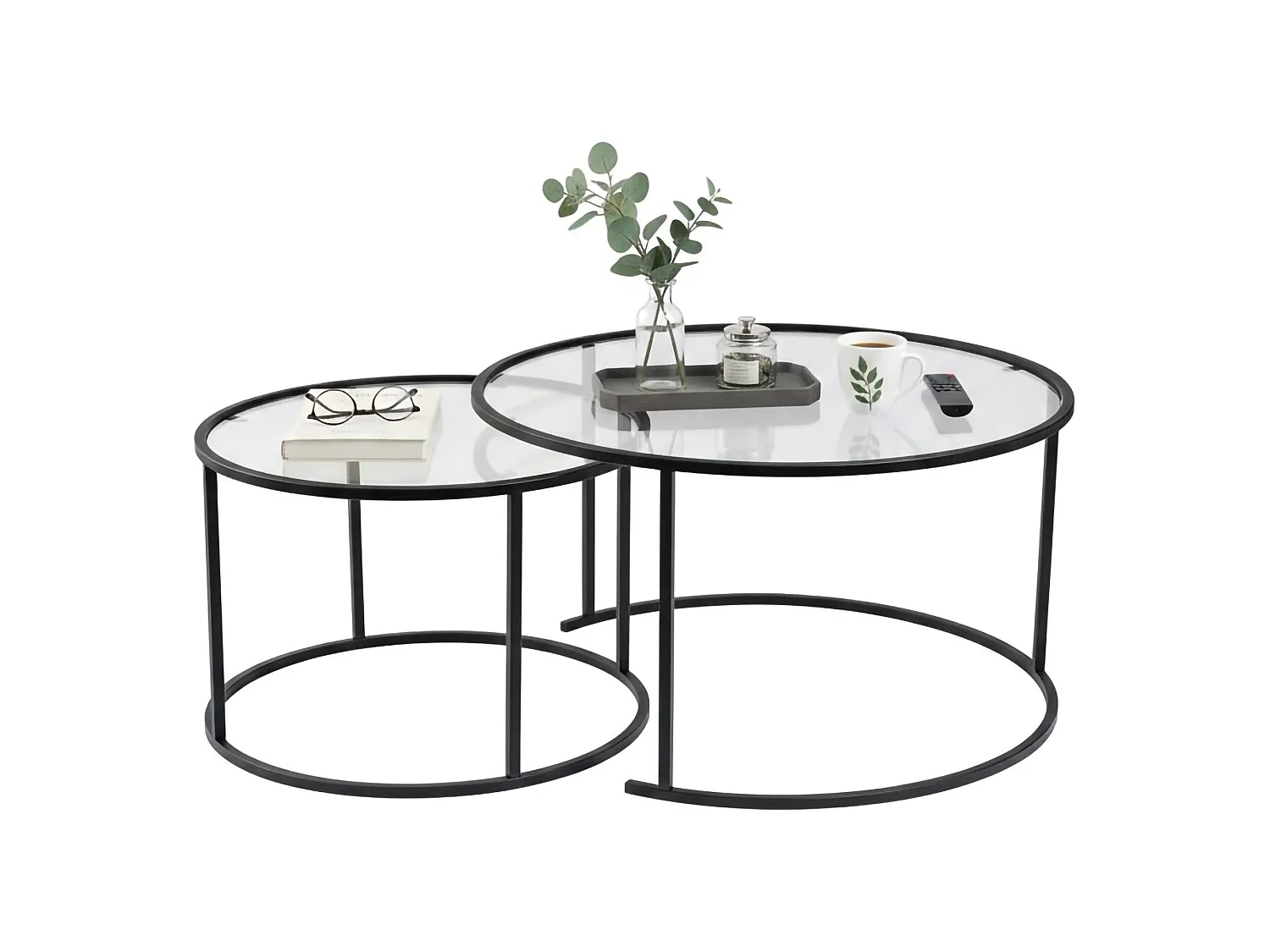 Mesa de Centro Aedion, conjunto de 2 mesas, peso máx. 10 kg, 80x80x43h cm preto, redonda, tampo em vidro
