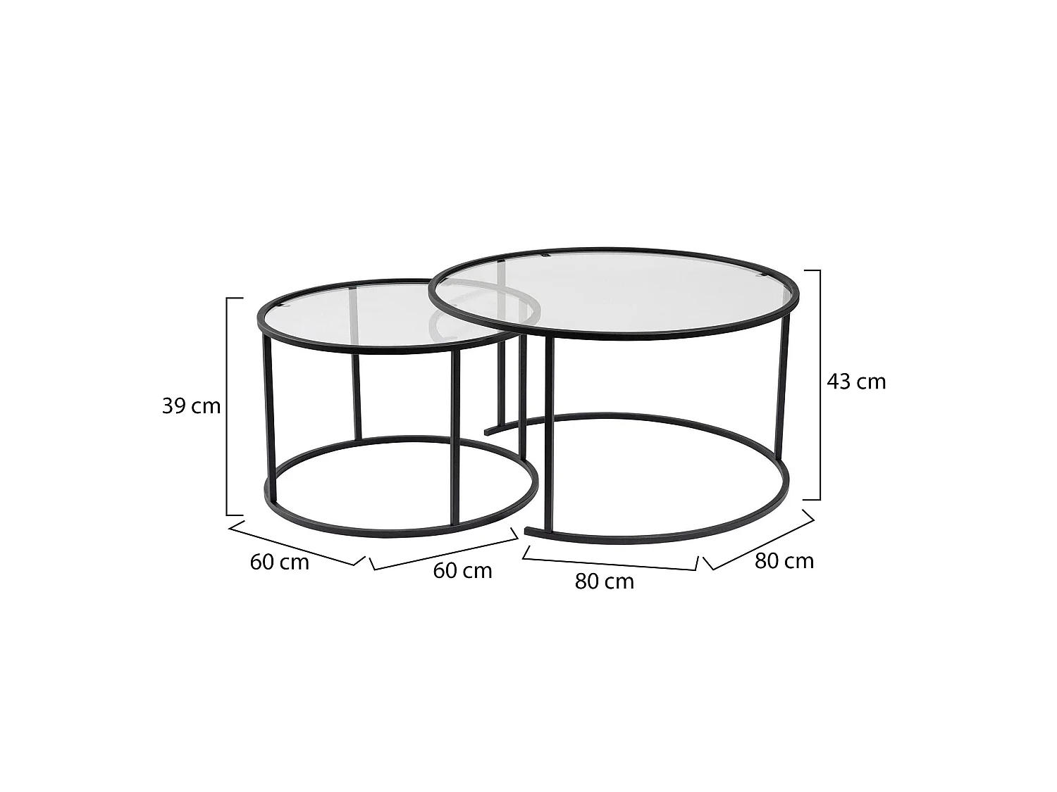 Mesa de Centro Aedion, conjunto de 2 mesas, peso máx. 10 kg, 80x80x43h cm preto, redonda, tampo em vidro