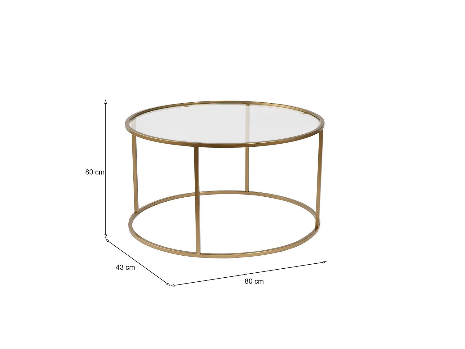 Salontafel Geralt, Maximaal draaggewicht 10 kg, 80x80x43h cm goud, Ronde vorm, Transparant tafelblad