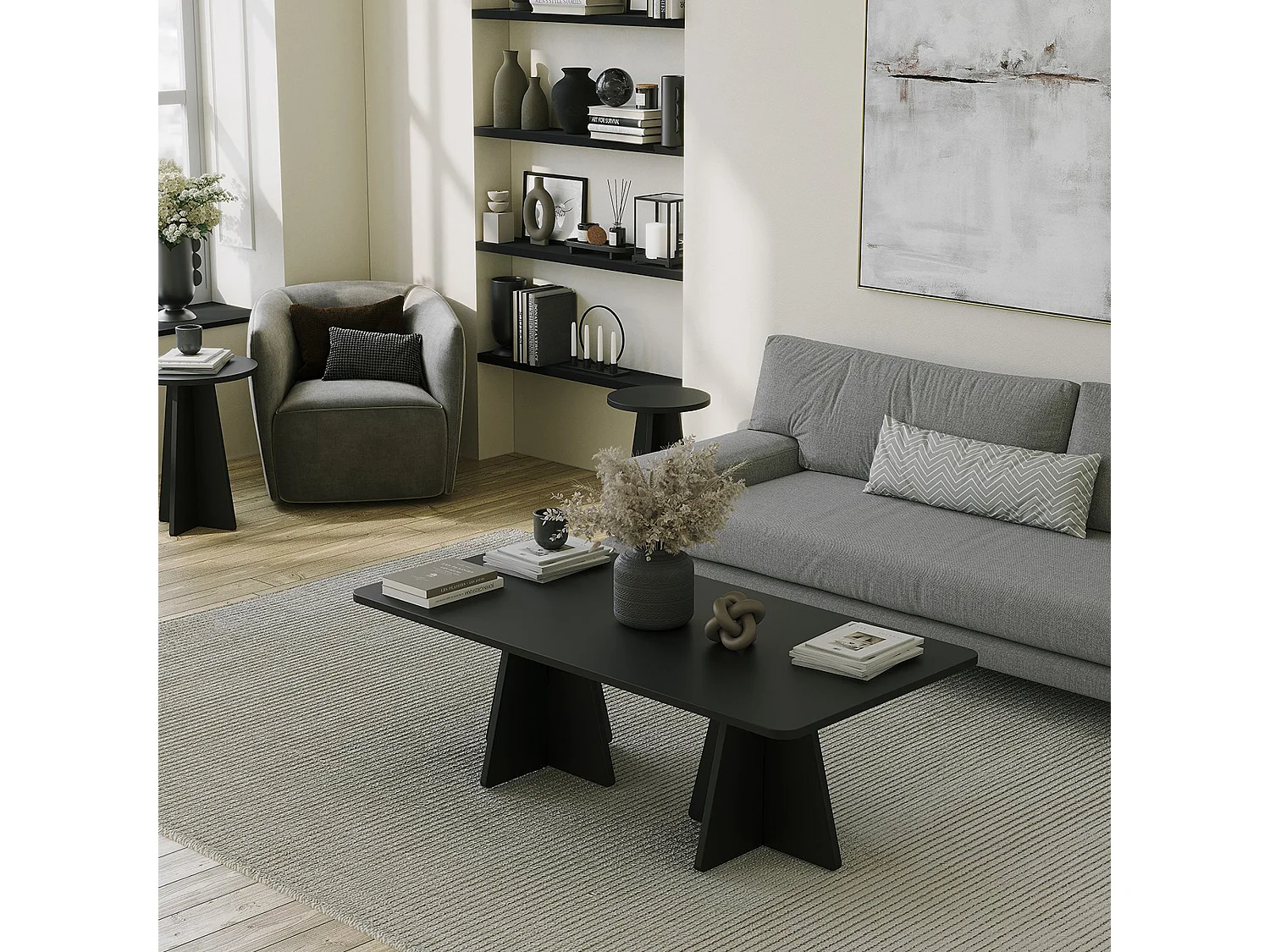Table basse Ottana, forme rectangulaire, 120x60x40h cm, plateau bois noble noir