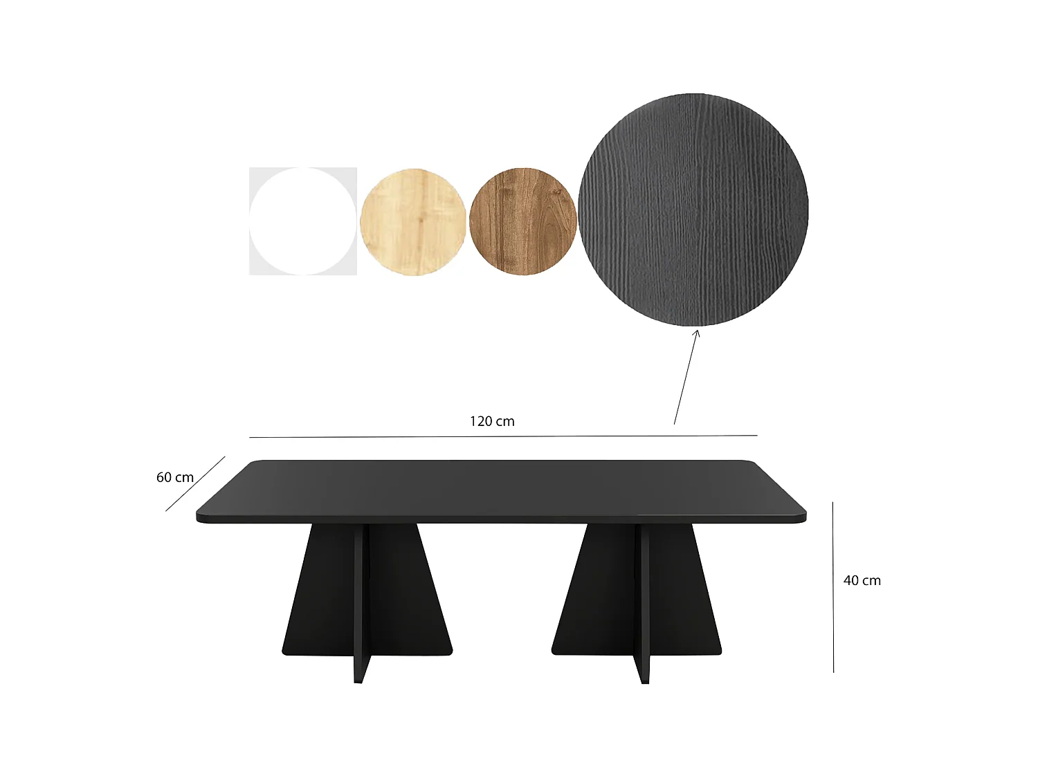 Table basse Ottana, forme rectangulaire, 120x60x40h cm, plateau bois noble noir