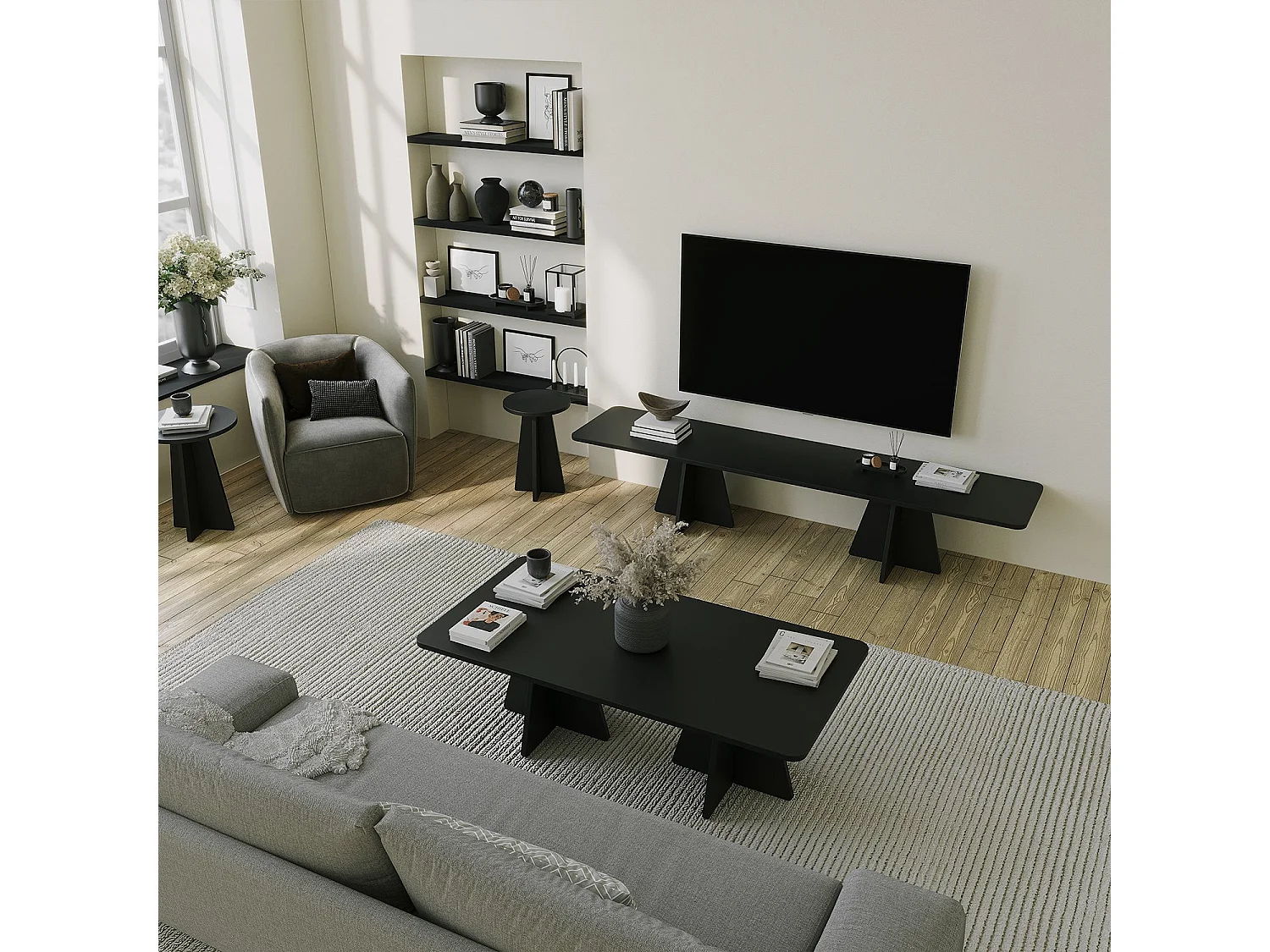 Table basse Ottana, forme rectangulaire, 120x60x40h cm, plateau bois noble noir