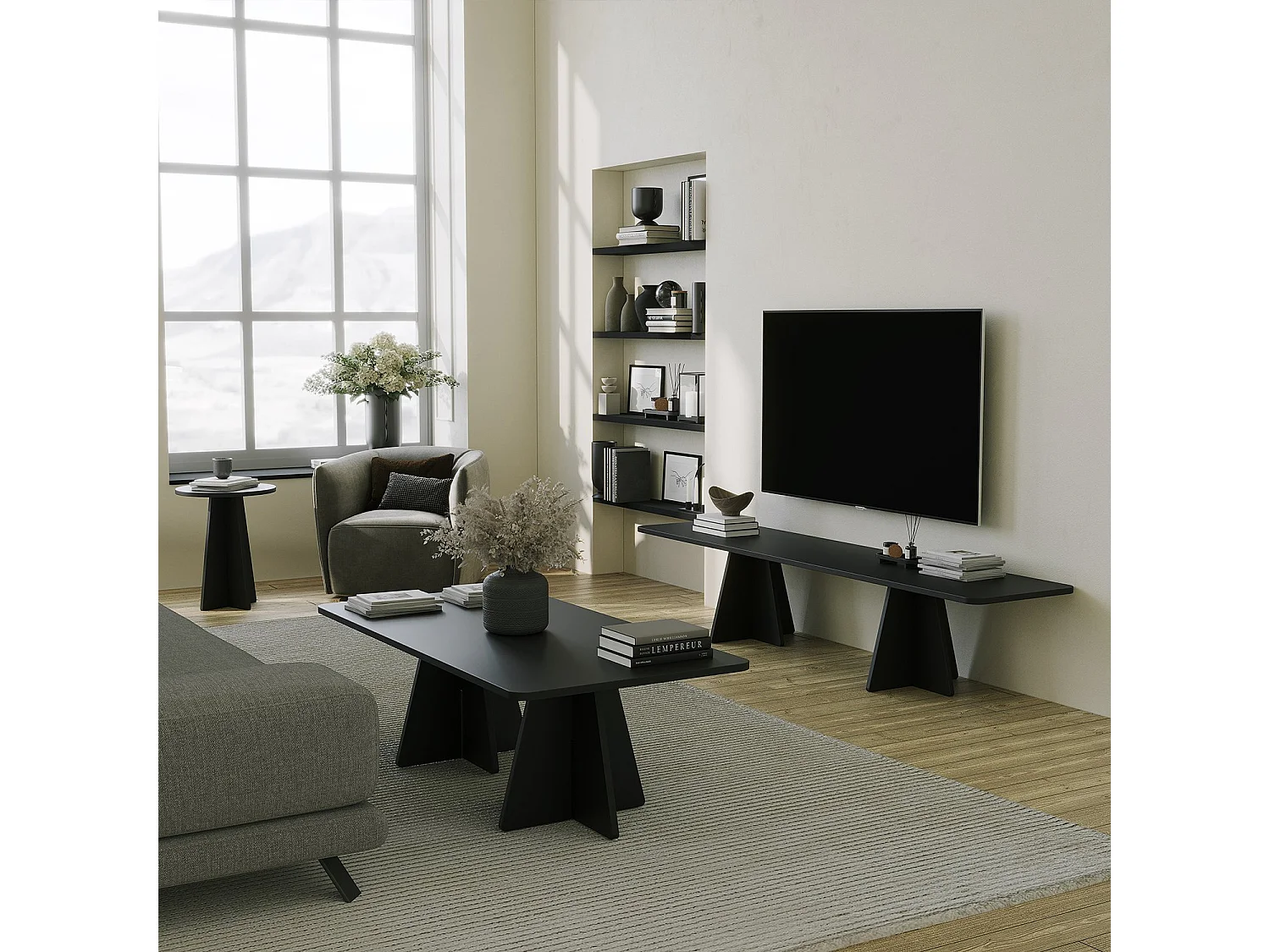 Table basse Ottana, forme rectangulaire, 120x60x40h cm, plateau bois noble noir
