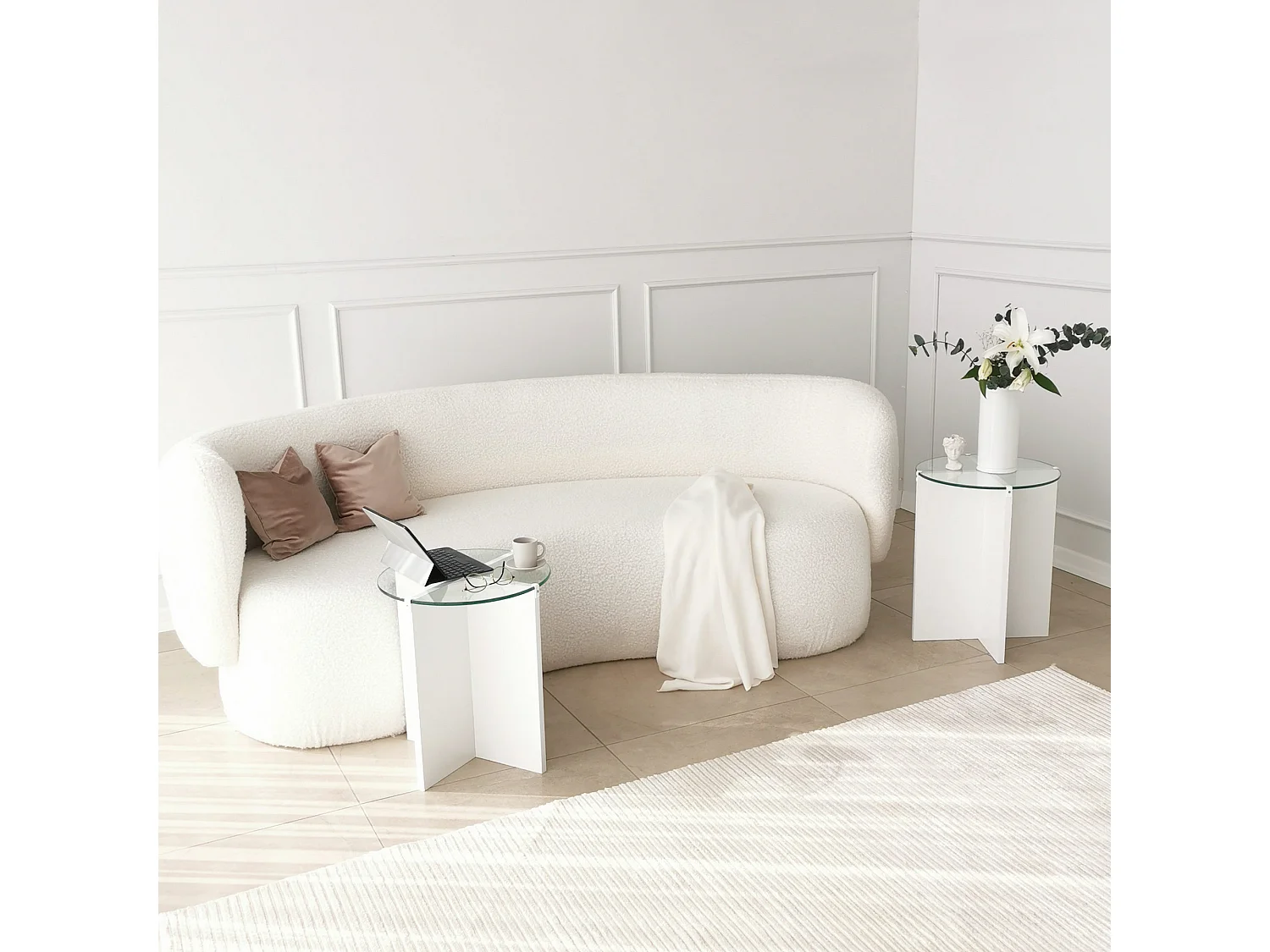 Tavolino da Salotto Genga, set 2 Pezzi Vetro Temperato, 70x70x38h cm Bianco, Forma Rotondo, Materiale Piano in Vetro
