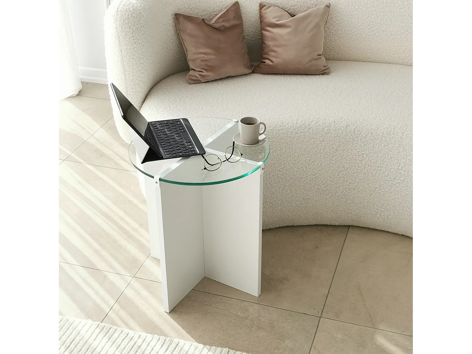 Tavolino da Salotto Genga, set 2 Pezzi Vetro Temperato, 70x70x38h cm Bianco, Forma Rotondo, Materiale Piano in Vetro