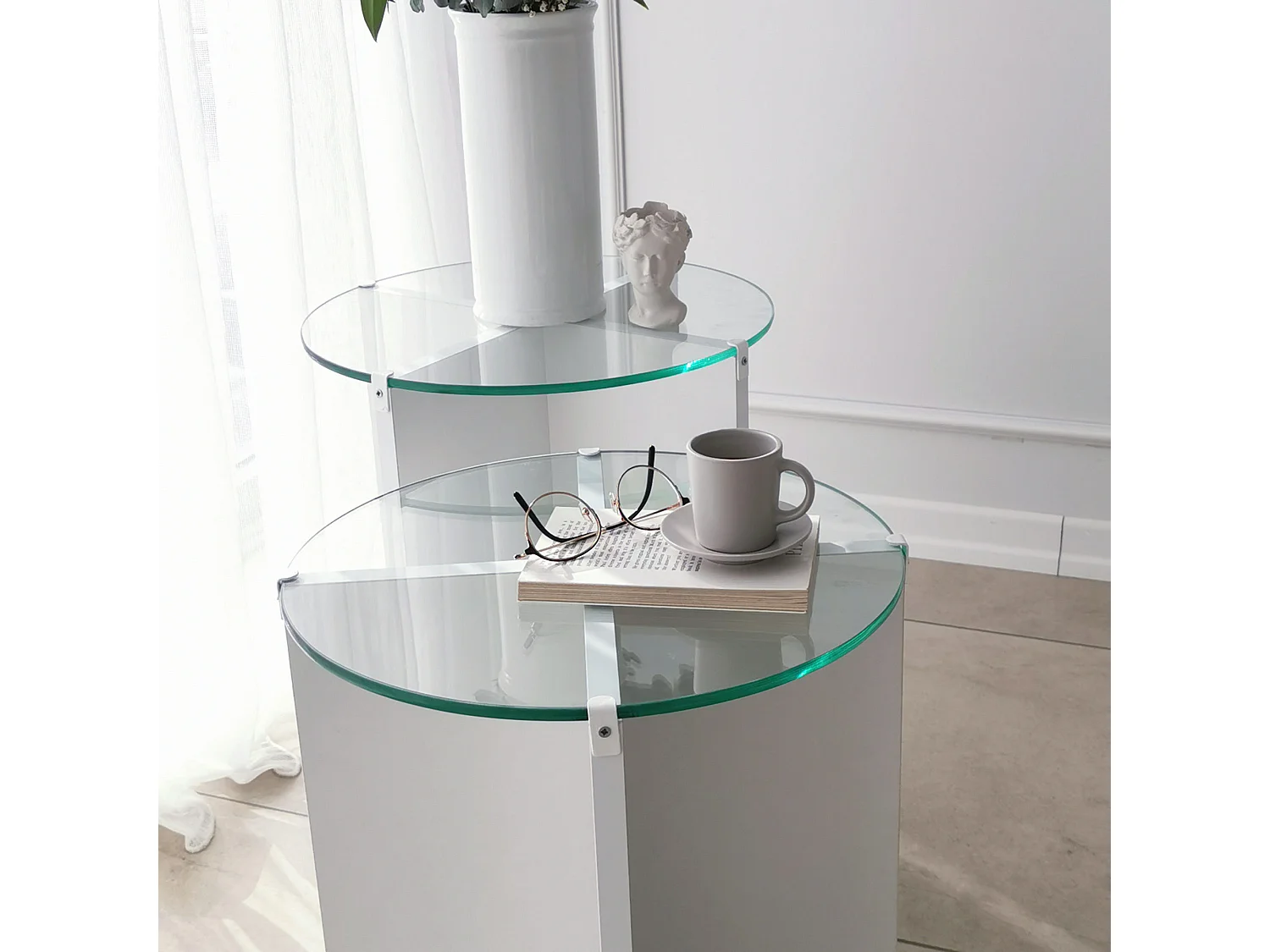 Tavolino da Salotto Genga, set 2 Pezzi Vetro Temperato, 70x70x38h cm Bianco, Forma Rotondo, Materiale Piano in Vetro