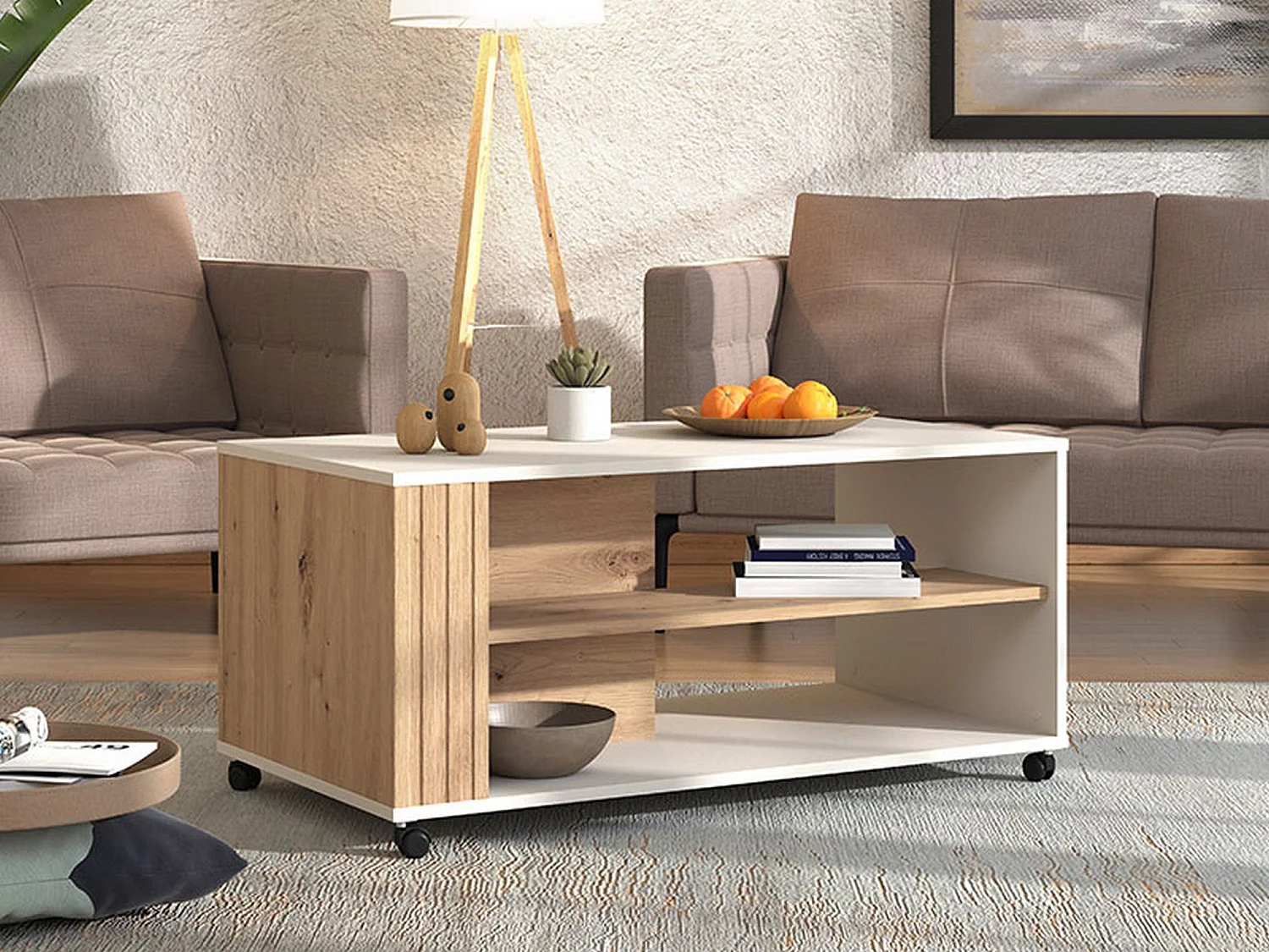 Tavolino da Salotto Dosso, con Ruote, 101x55x46h cm Beige, 2 Vani, Forma Rettangolare