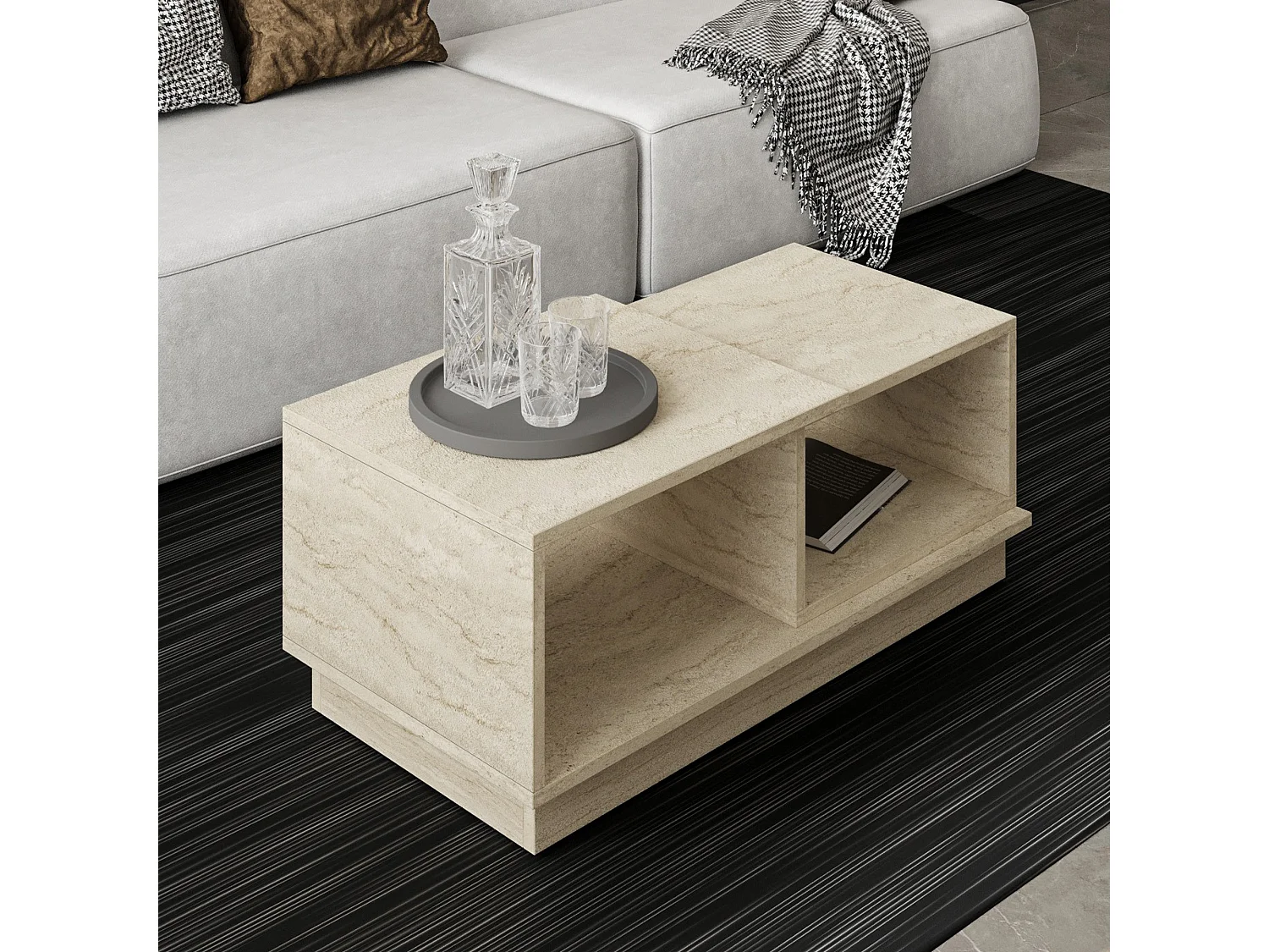 Tavolino da Salotto Morino, 2 Vani, 90x45x36h cm Beige Crema, Forma Rettangolare, Sfumatura Colore Ripiano Crema