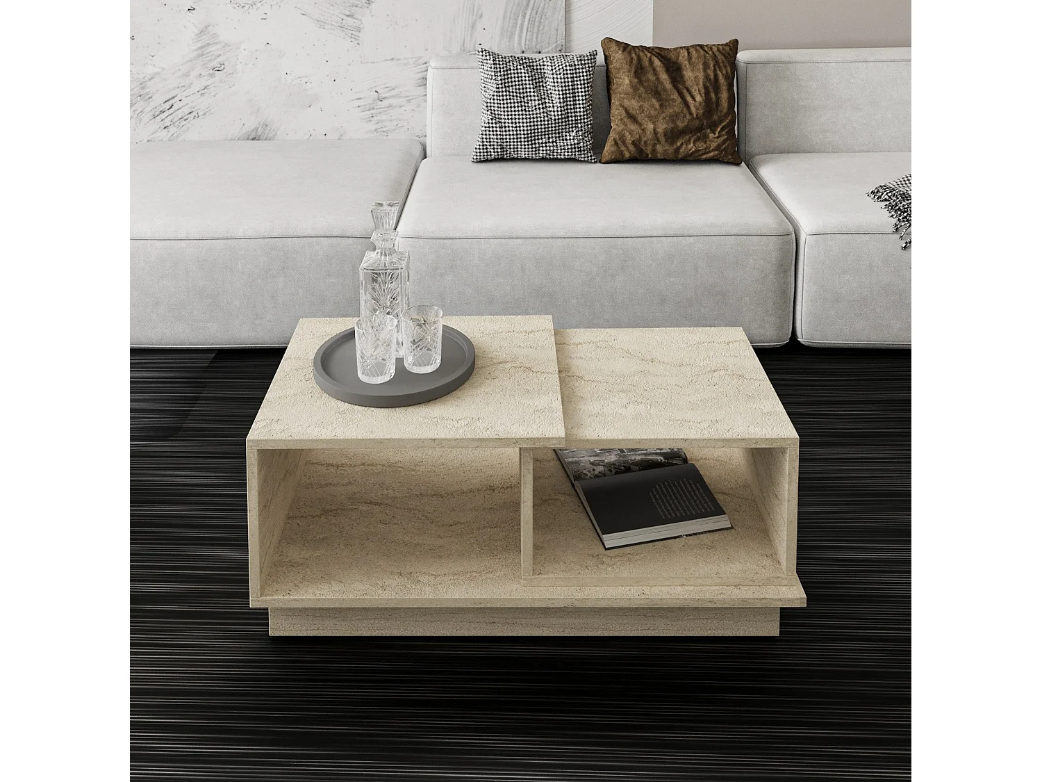 Tavolino da Salotto Morino, 2 Vani, 90x45x36h cm Beige Crema, Forma Rettangolare, Sfumatura Colore Ripiano Crema