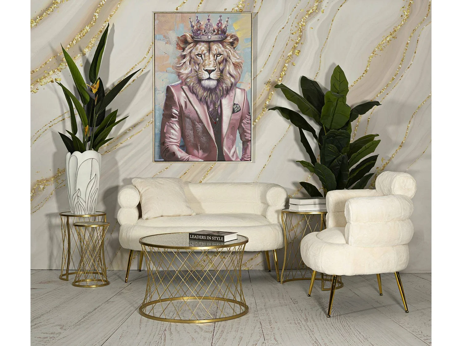 Salontafel Cabiaglio, set van 4 tafeltjes, 70x70x55h cm goud goud, ronde vorm, kleurverloop blad crème