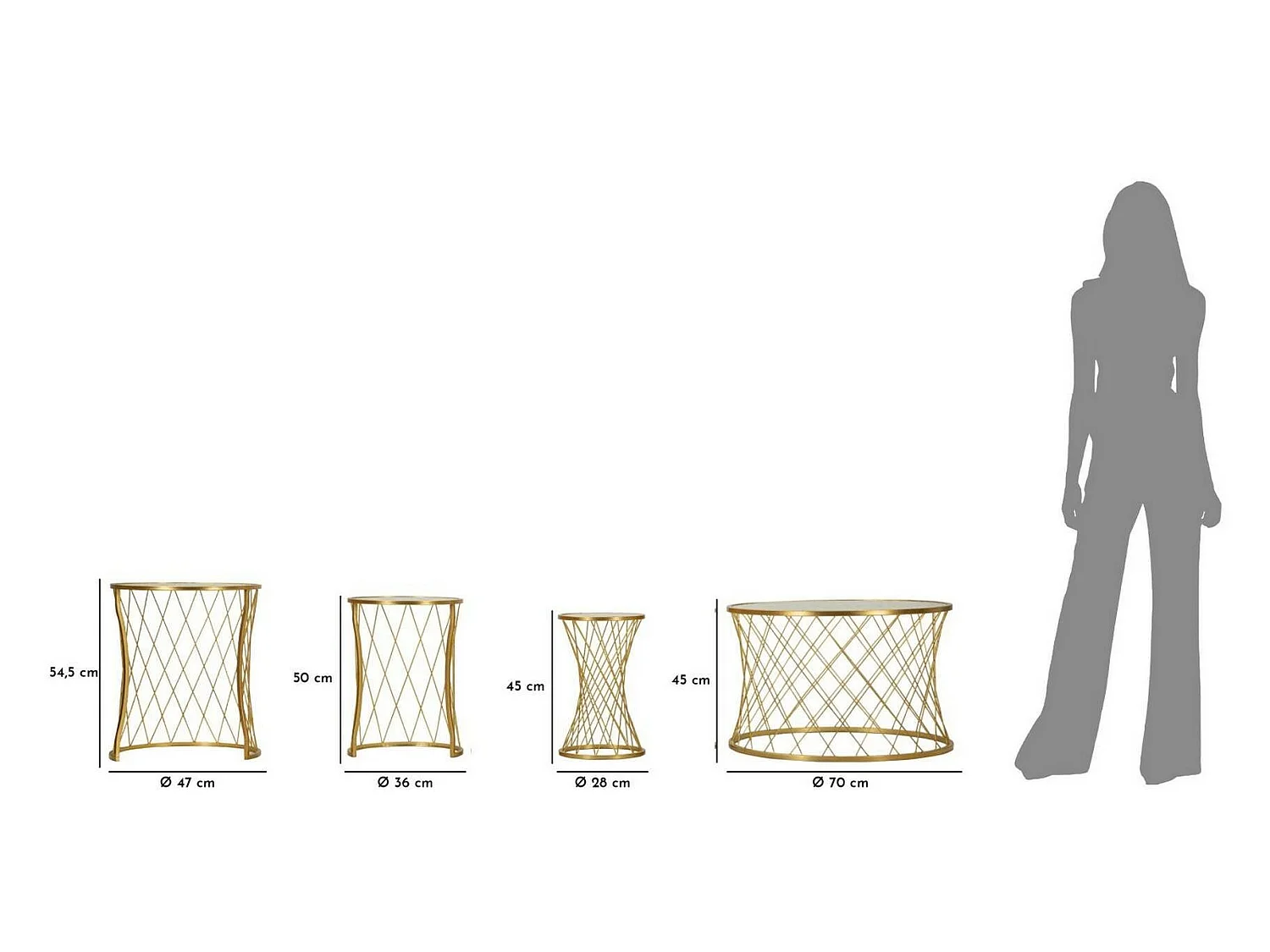 Salontafel Cabiaglio, set van 4 tafeltjes, 70x70x55h cm goud goud, ronde vorm, kleurverloop blad crème