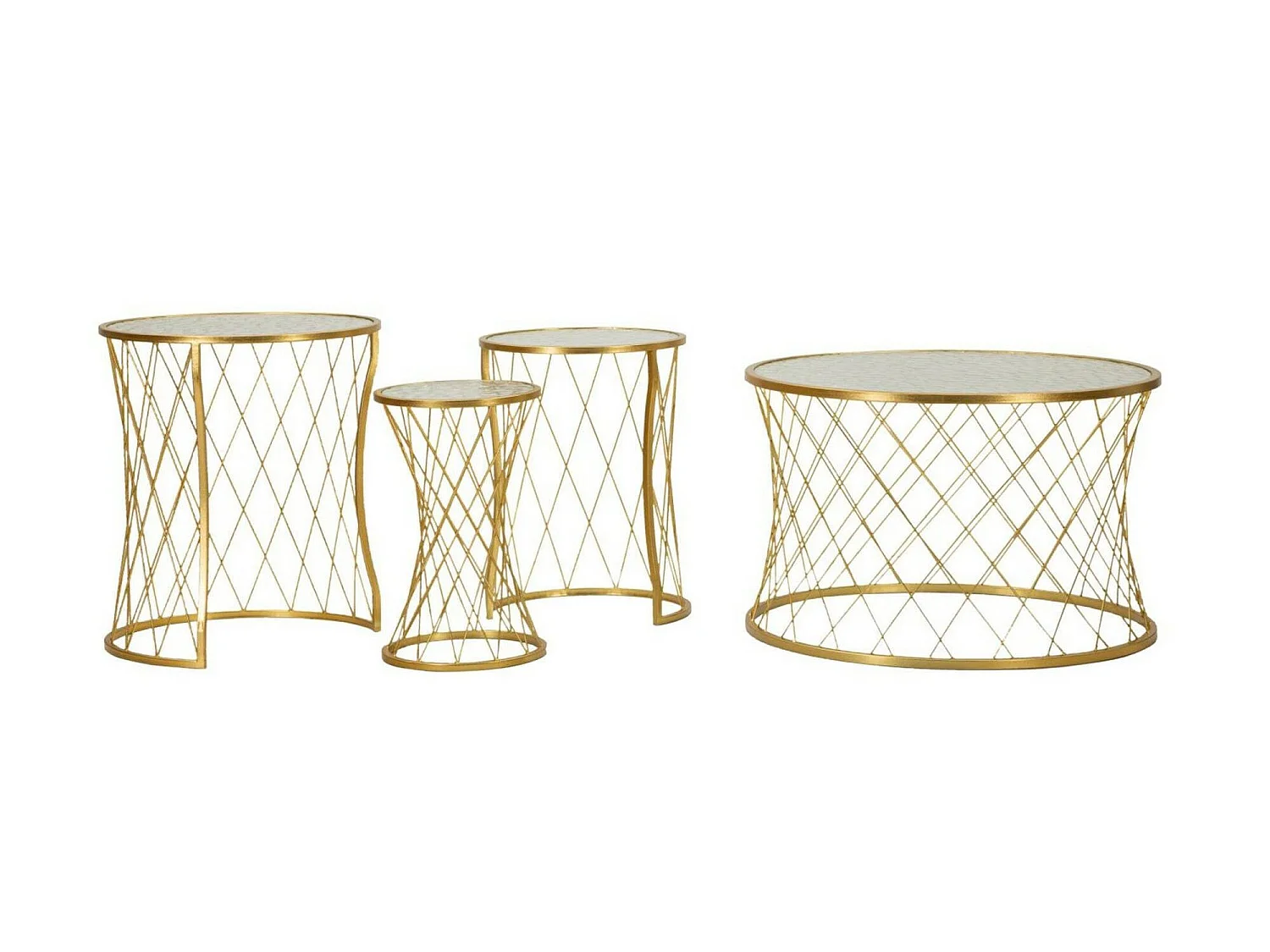 Salontafel Cabiaglio, set van 4 tafeltjes, 70x70x55h cm goud goud, ronde vorm, kleurverloop blad crème
