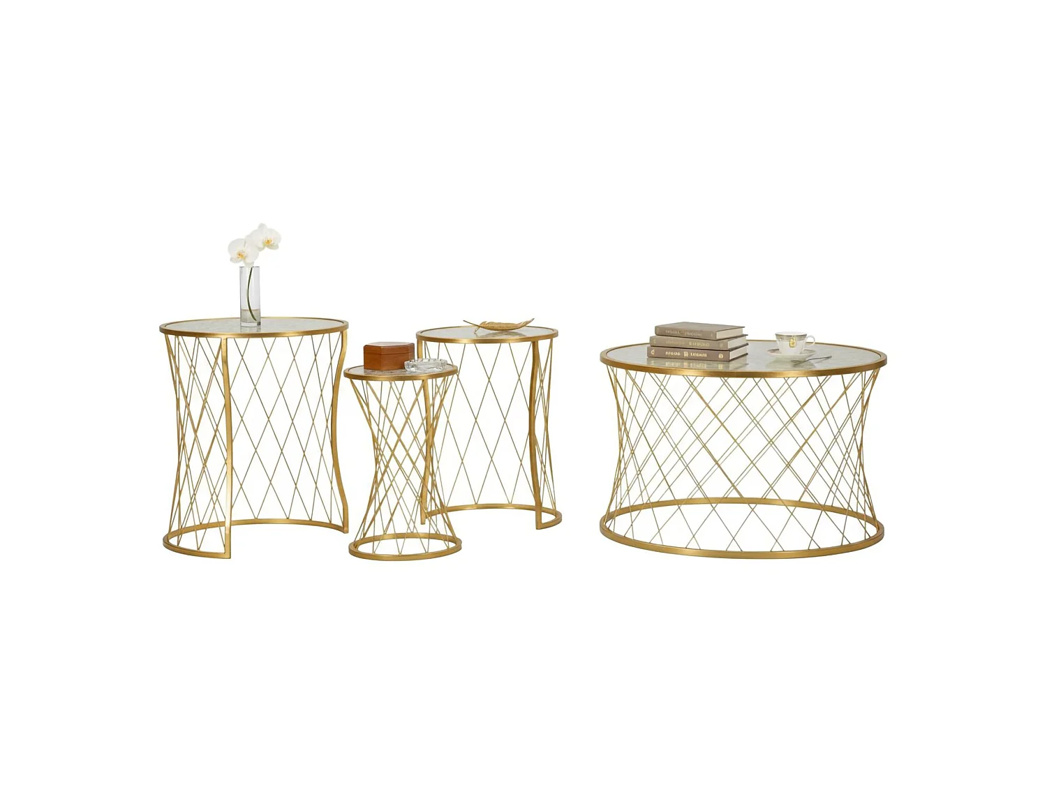 Mesa de centro Cabiaglio, set de 4 mesas, 70x70x55h cm oro oro, forma circular, degradado color tablero crema