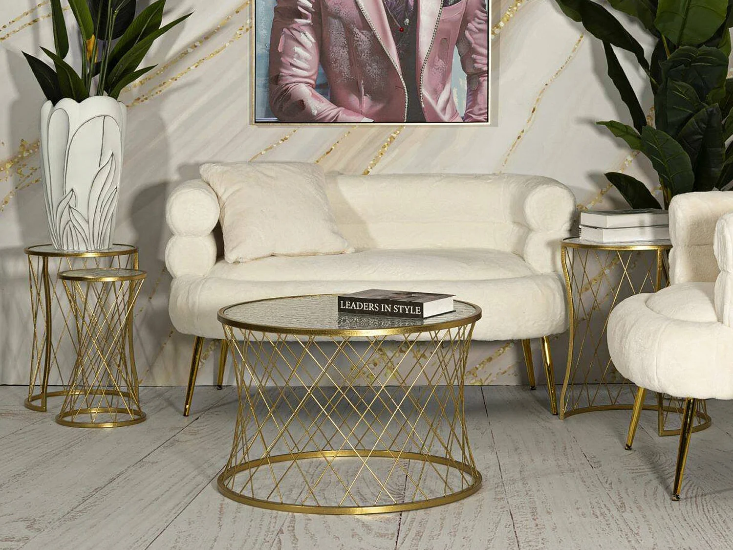Mesa de centro Cabiaglio, set de 4 mesas, 70x70x55h cm oro oro, forma circular, degradado color tablero crema
