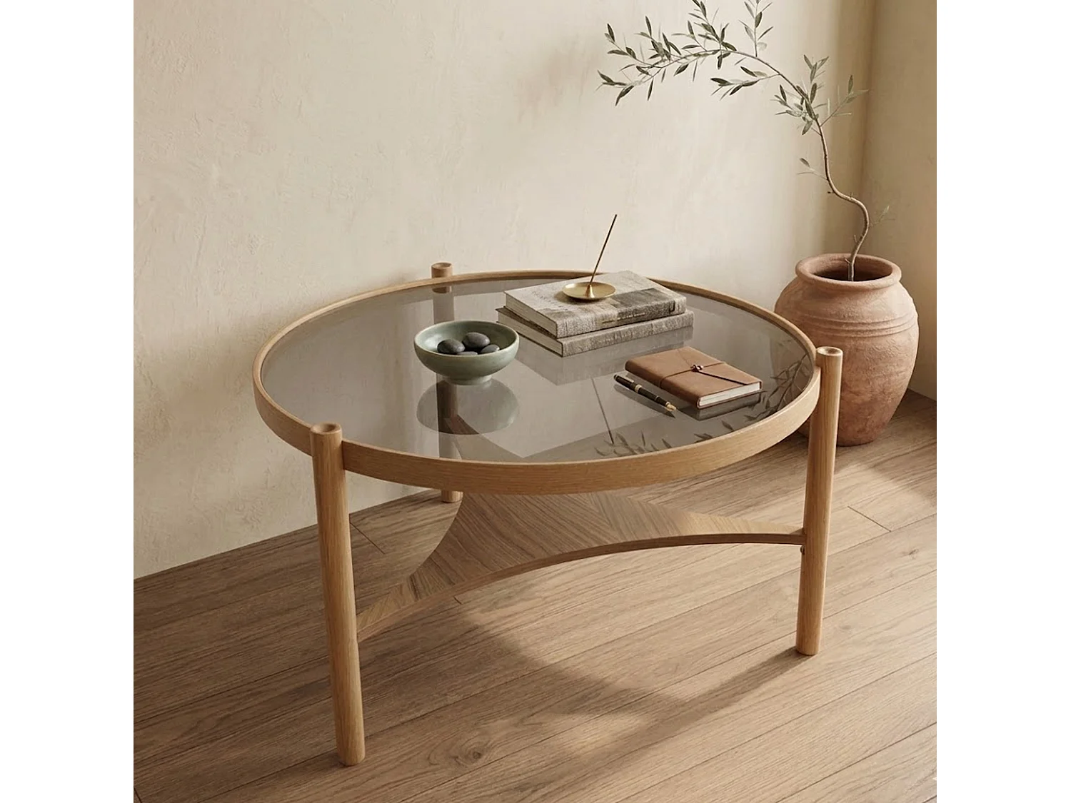Tavolino da Salotto Canterano, un Vano, 100x100x46h cm Marrone Rovere, Piano in Vetro Temperato, Forma Rotondo