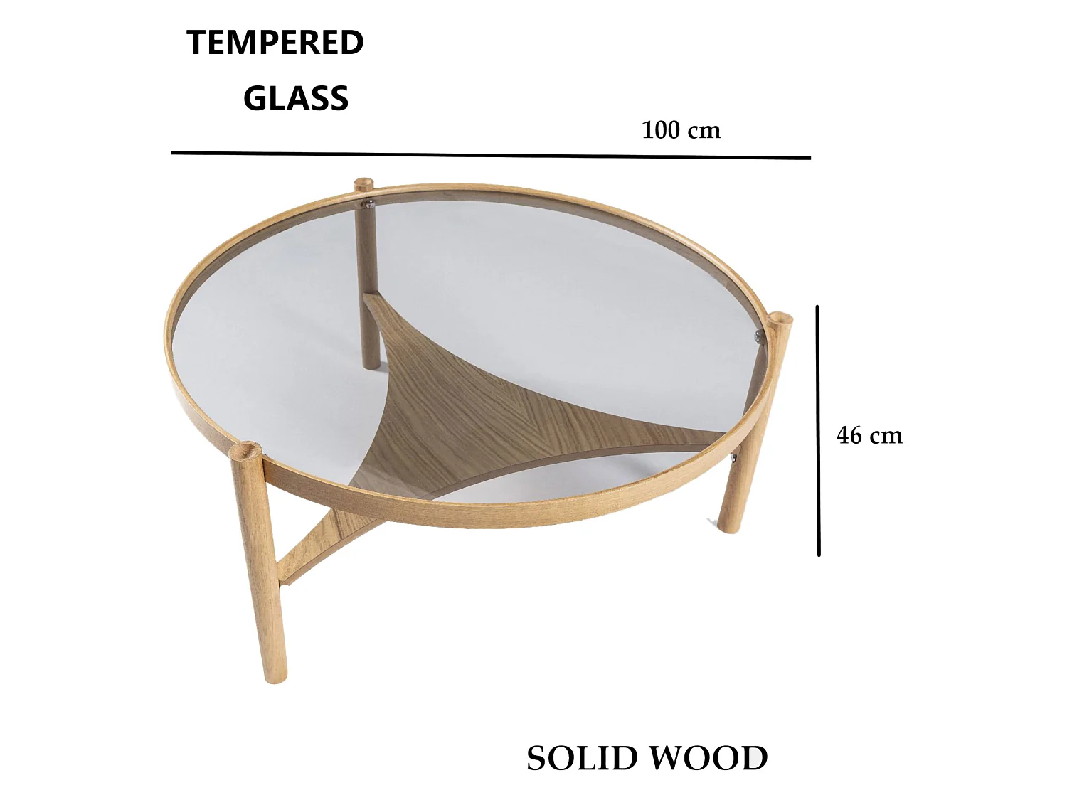 Tavolino da Salotto Canterano, un Vano, 100x100x46h cm Marrone Rovere, Piano in Vetro Temperato, Forma Rotondo