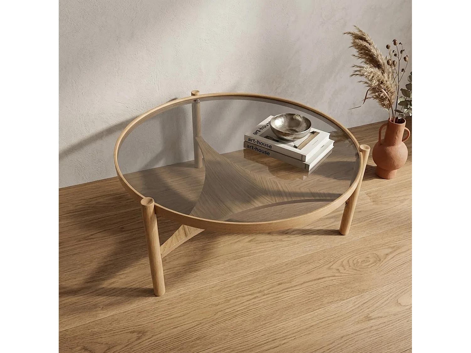 Tavolino da Salotto Canterano, un Vano, 100x100x46h cm Marrone Rovere, Piano in Vetro Temperato, Forma Rotondo