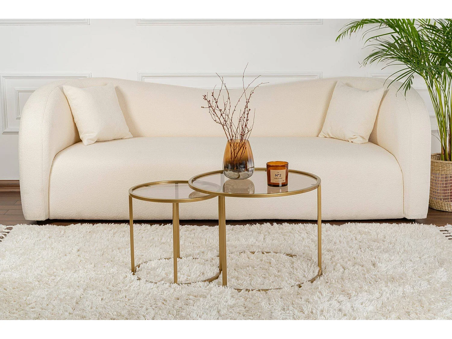 Salontafel Xaden, set van 2 tafeltjes, 60x60x43h cm goud-brons, ronde vorm, glazen frame
