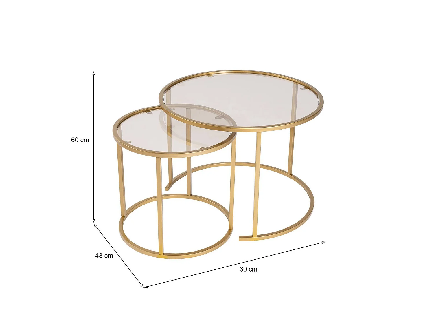 Salontafel Xaden, set van 2 tafeltjes, 60x60x43h cm goud-brons, ronde vorm, glazen frame