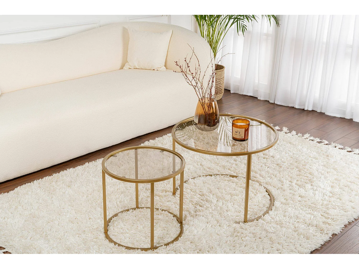 Salontafel Xaden, set van 2 tafeltjes, 60x60x43h cm goud-brons, ronde vorm, glazen frame