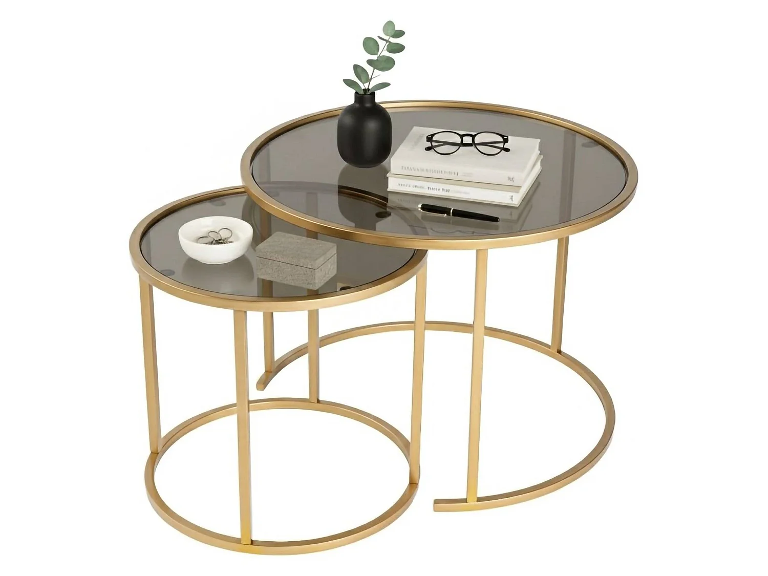 Mesa de centro Xaden, set de 2 mesas, 60x60x43h cm oro bronce, forma redonda, estructura de vidrio