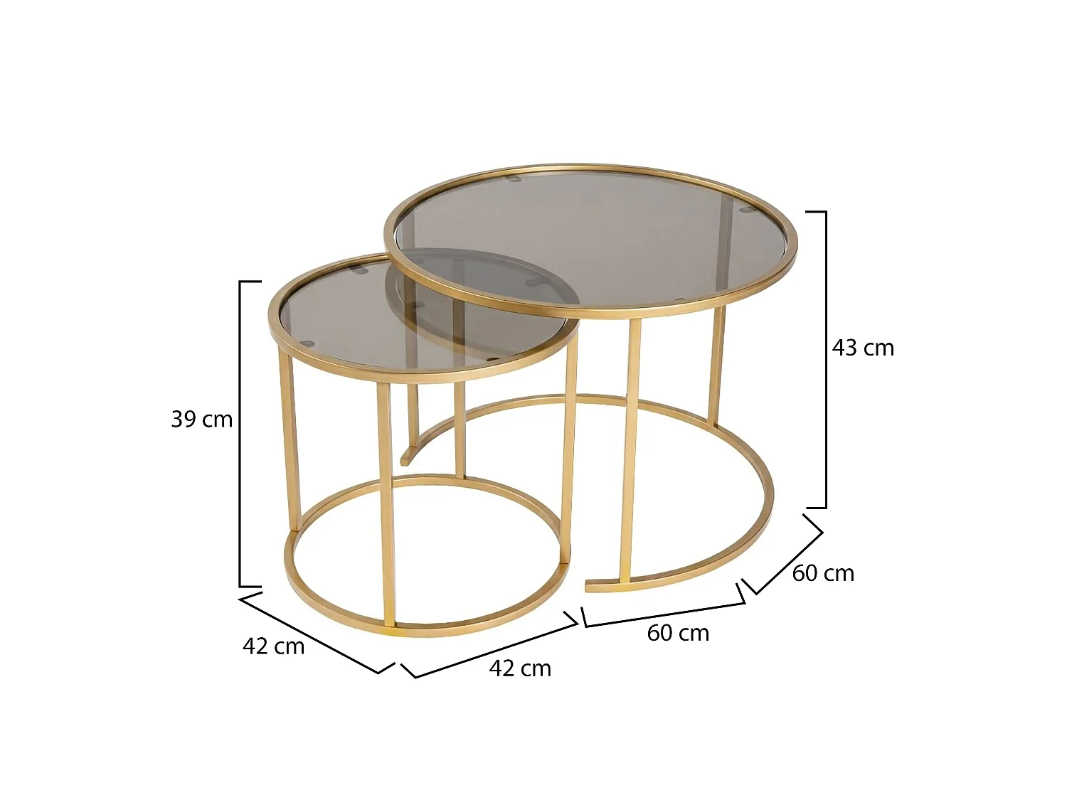 Mesa de centro Xaden, set de 2 mesas, 60x60x43h cm oro bronce, forma redonda, estructura de vidrio