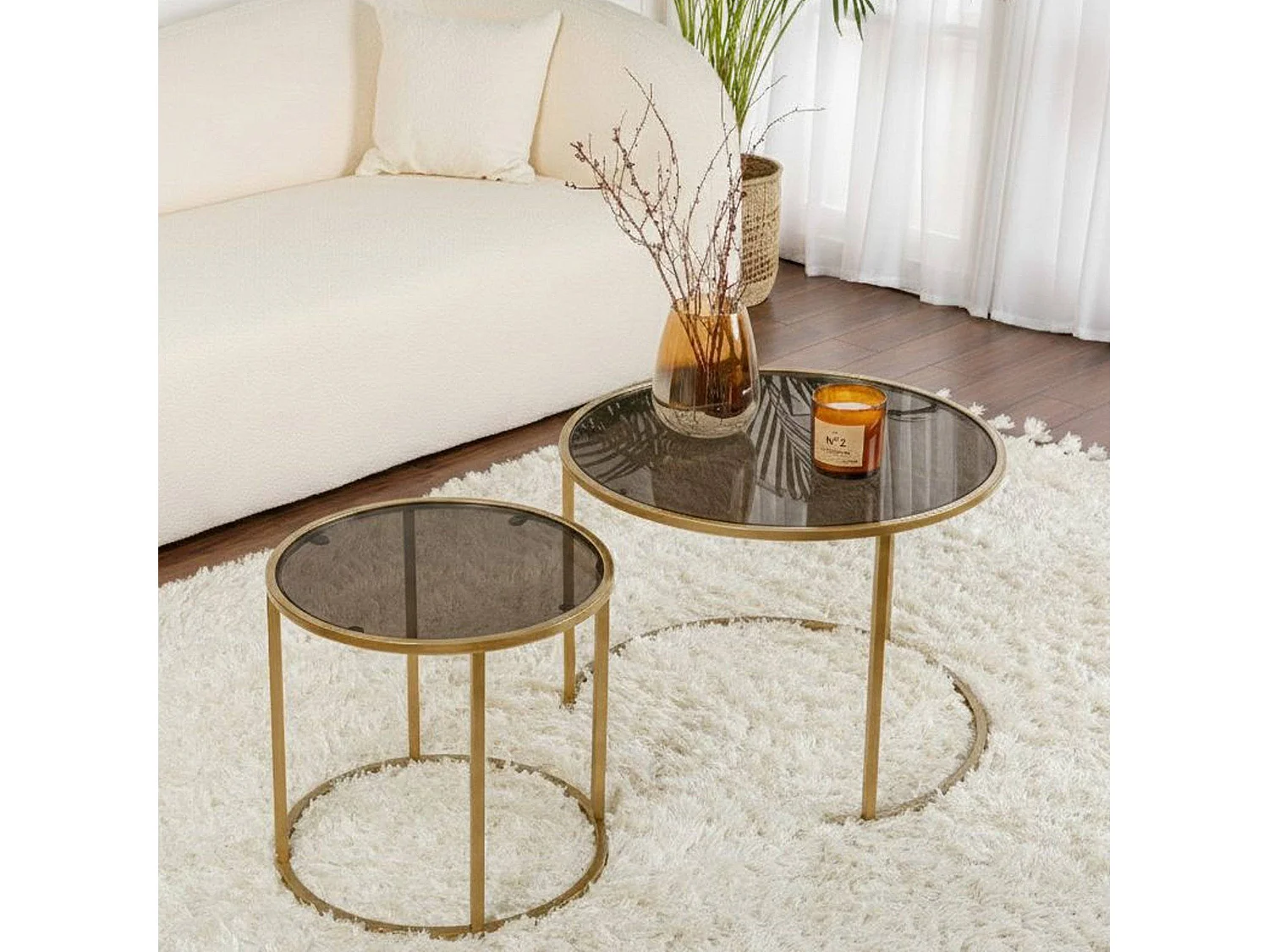 Mesa de centro Xaden, set de 2 mesas, 60x60x43h cm oro bronce, forma redonda, estructura de vidrio