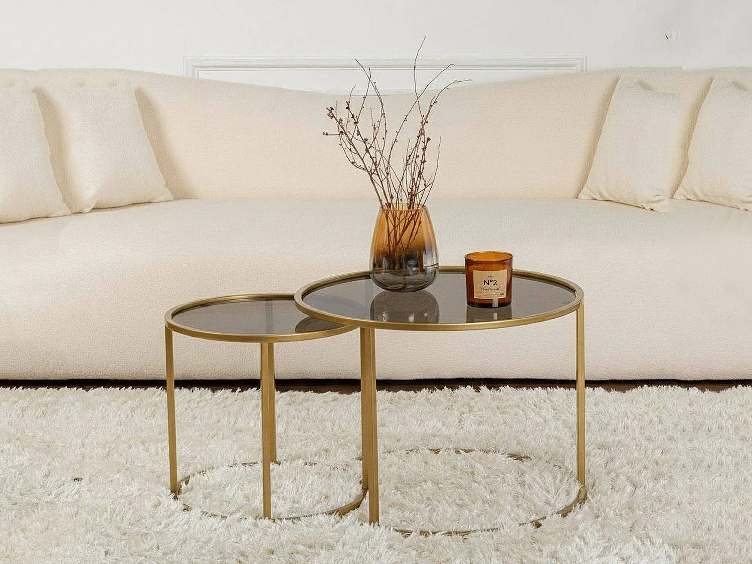 Mesa de centro Xaden, set de 2 mesas, 60x60x43h cm oro bronce, forma redonda, estructura de vidrio