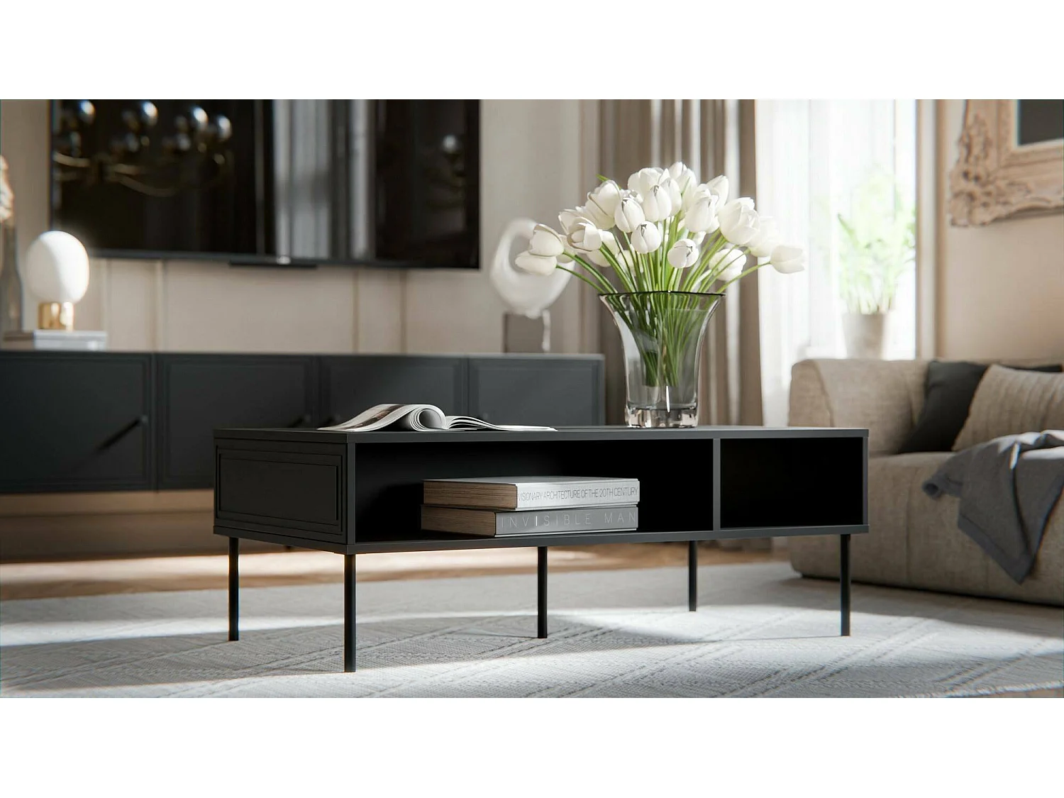 Mesa de centro Enemonzo, 3 compartimentos, 110x60x40h cm Negro, forma rectangular, tablero de madera melaminada