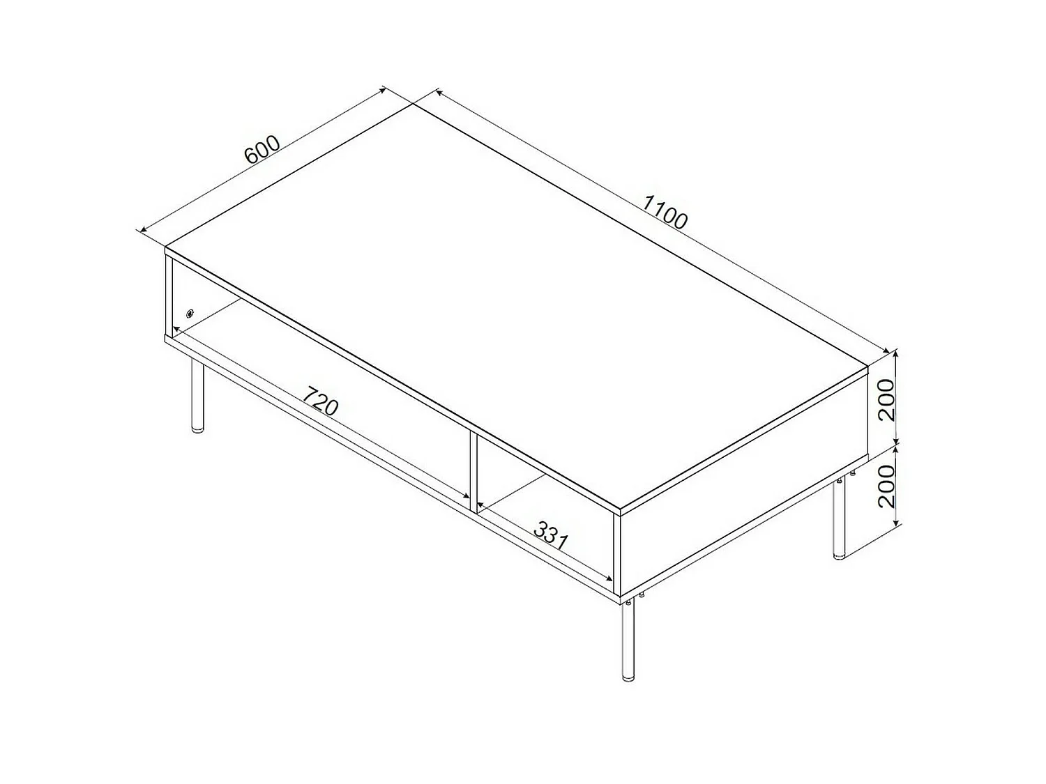 Mesa de centro Enemonzo, 3 compartimentos, 110x60x40h cm Negro, forma rectangular, tablero de madera melaminada