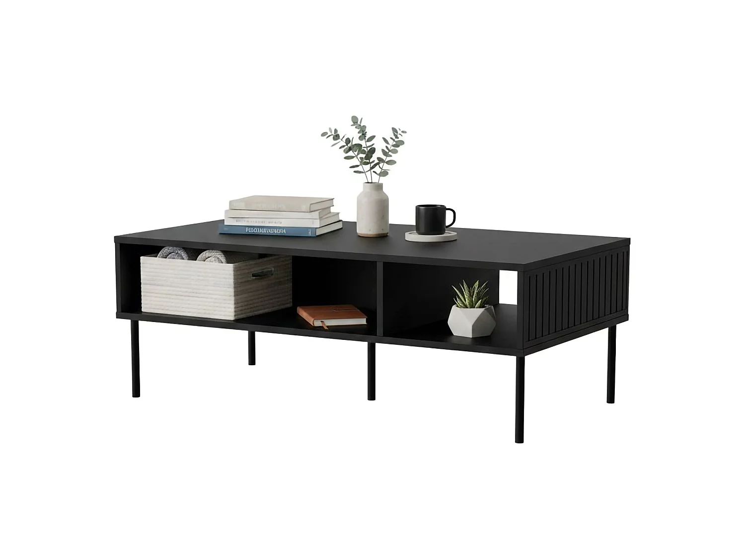 Mesa de centro Enemonzo, 3 compartimentos, 110x60x40h cm Negro, forma rectangular, tablero de madera melaminada