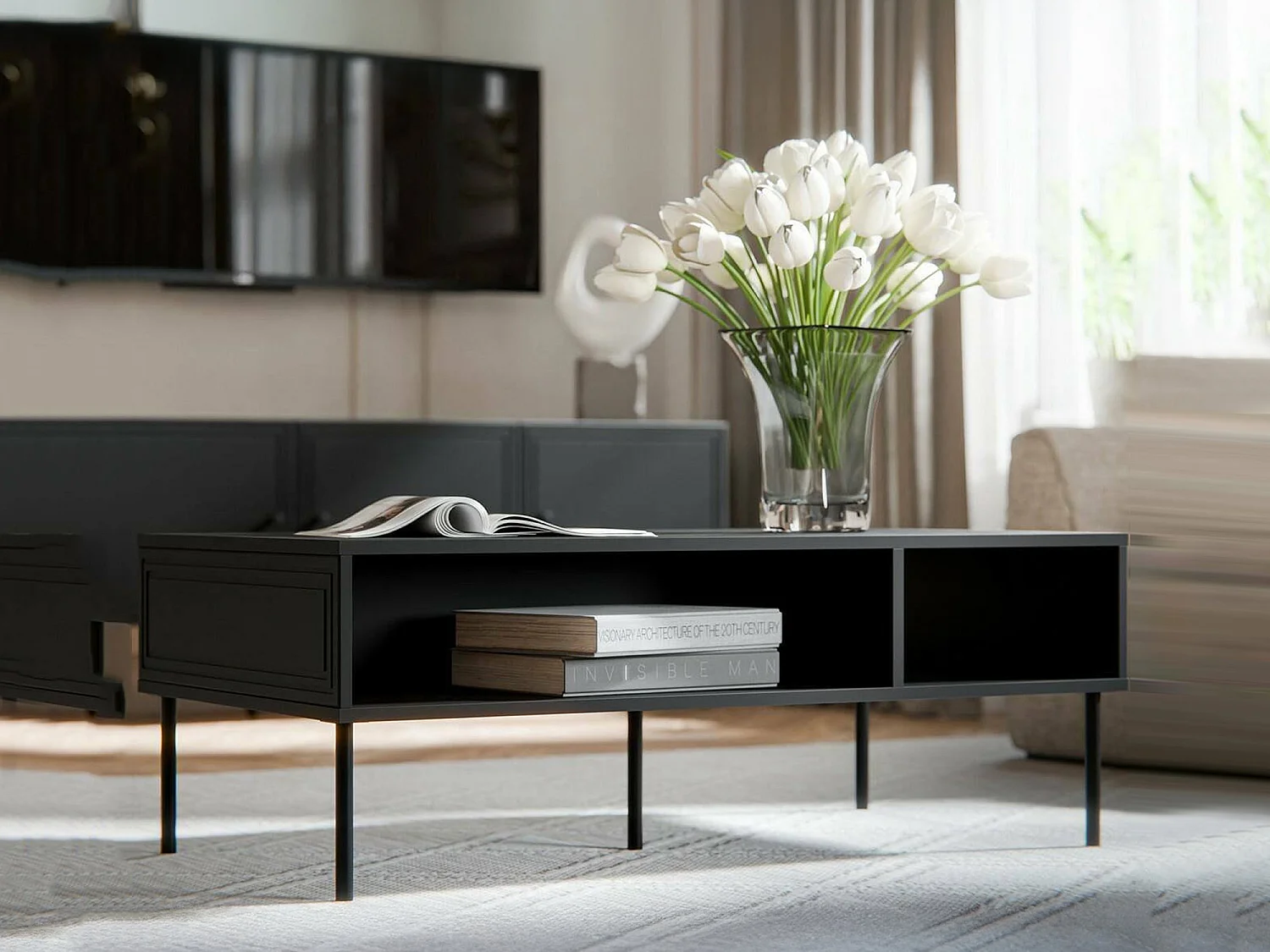 Mesa de centro Enemonzo, 3 compartimentos, 110x60x40h cm Negro, forma rectangular, tablero de madera melaminada