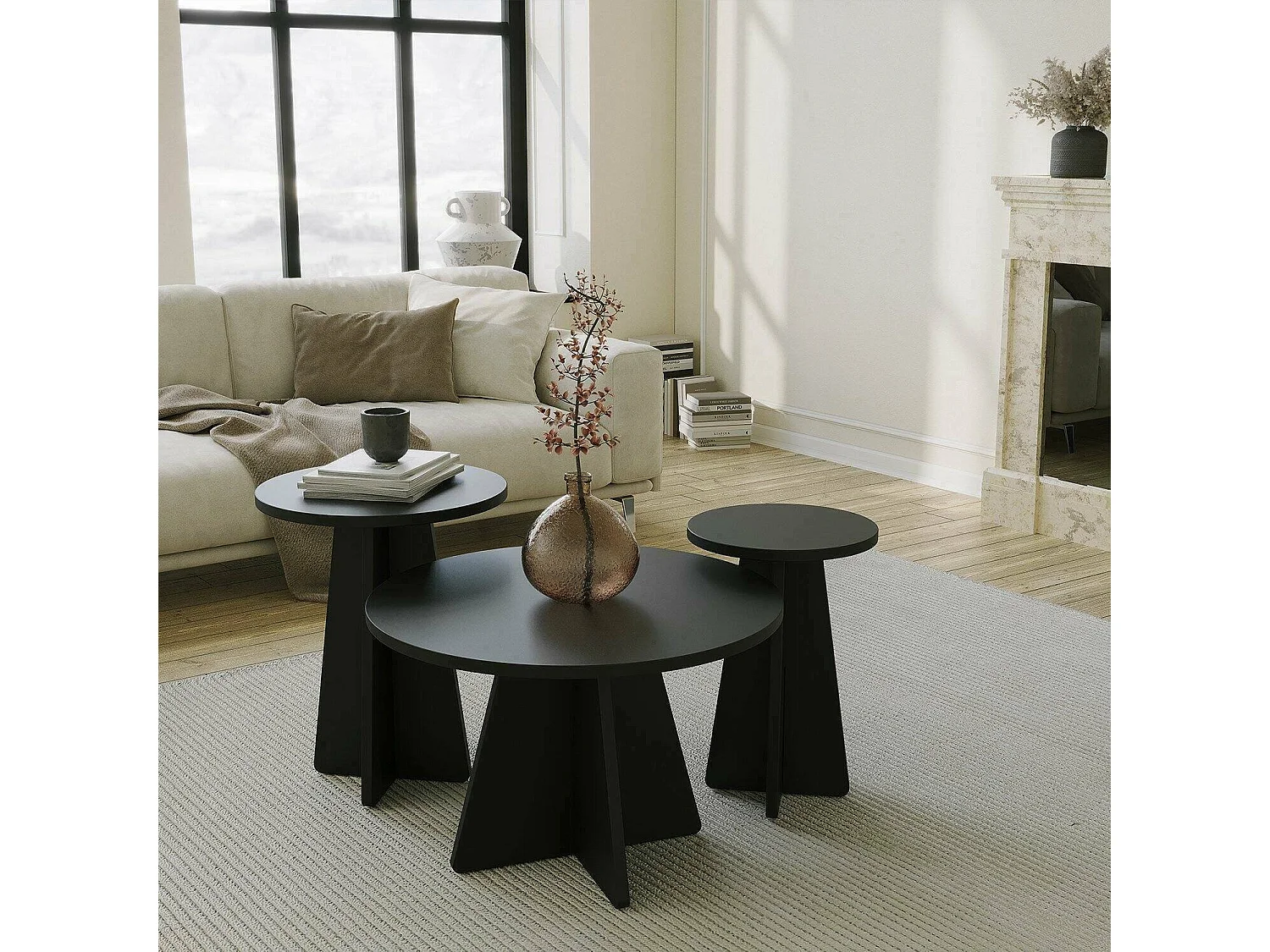 Mesa de centro Cargeghe, redonda, 60x60x40h cm negra, tablero de madera melaminada, estante negro