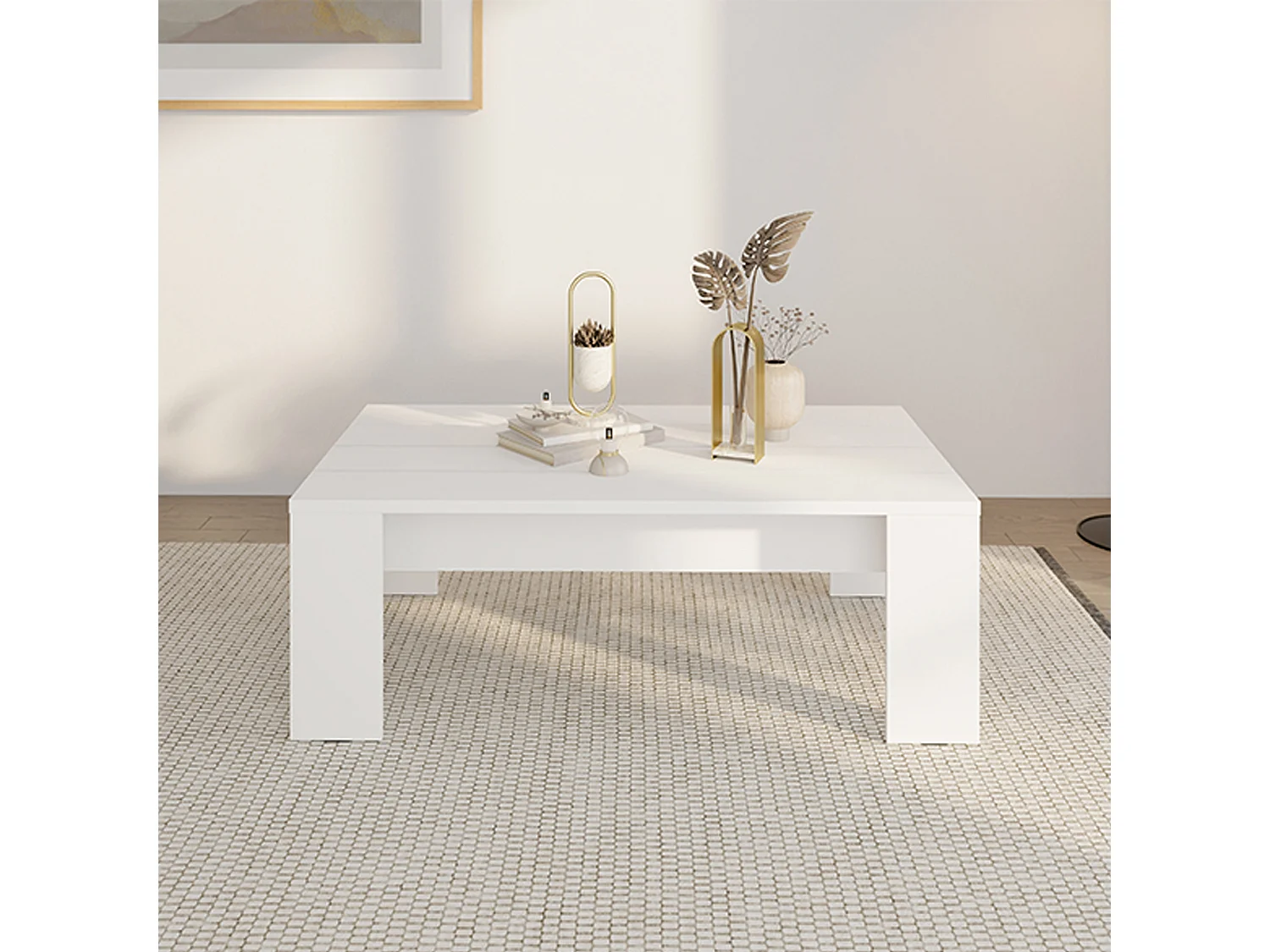 Tavolino da Salotto Bertona, Piano Effetto Doghe, 120x67x43h cm Bianco, Forma Rettangolare, Colore Ripiano Bianco