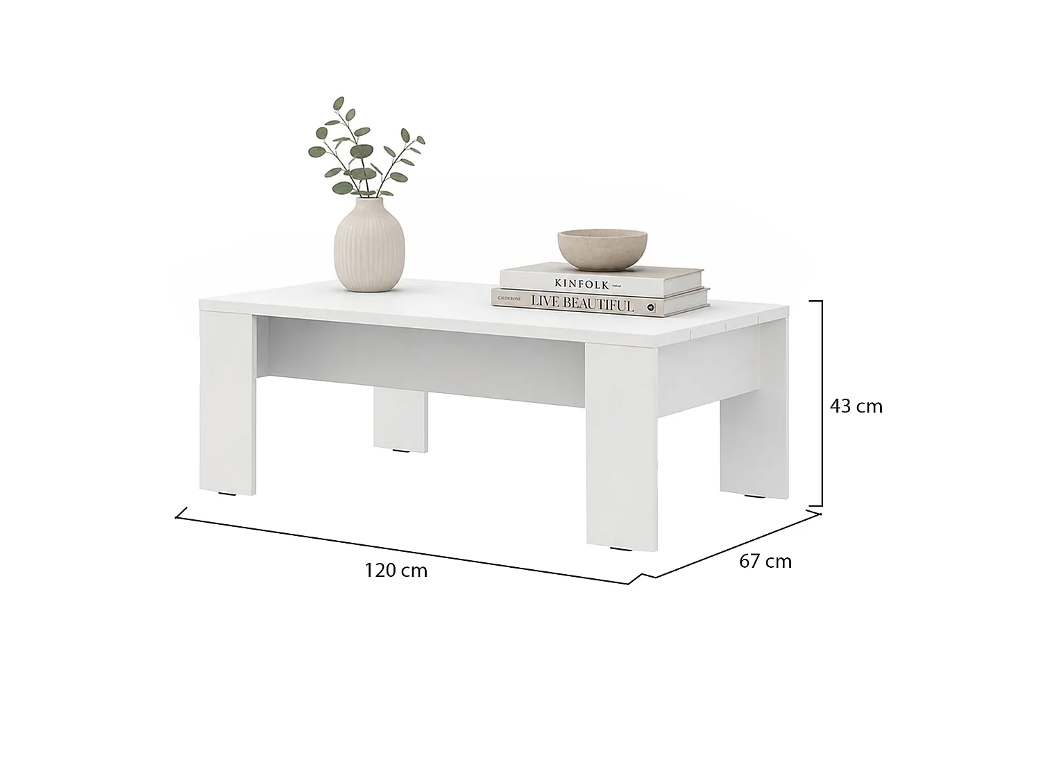 Tavolino da Salotto Bertona, Piano Effetto Doghe, 120x67x43h cm Bianco, Forma Rettangolare, Colore Ripiano Bianco
